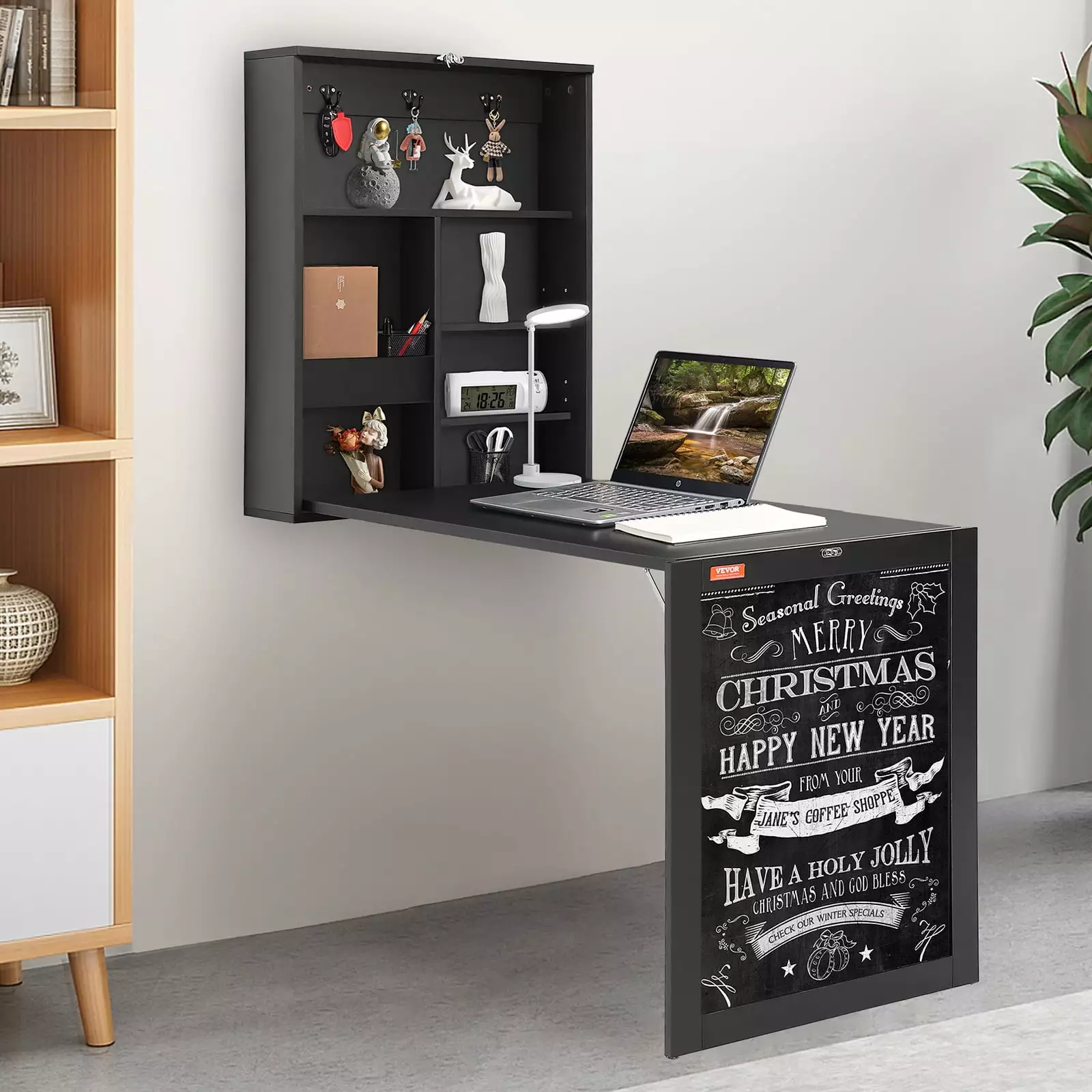 SKYSHALO Wall Mounted Desk Fold Out Convertible Desk Chalkboard Storage Shelves Bedroom Living Room Office
