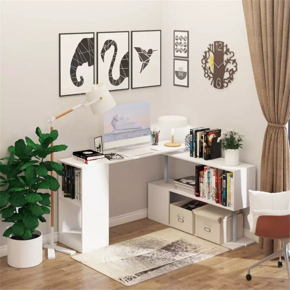 Rotary Convertible Office Desk 2 Work Tabletops and Storage Cubes - L-Shaped Computer Table THOWDEE