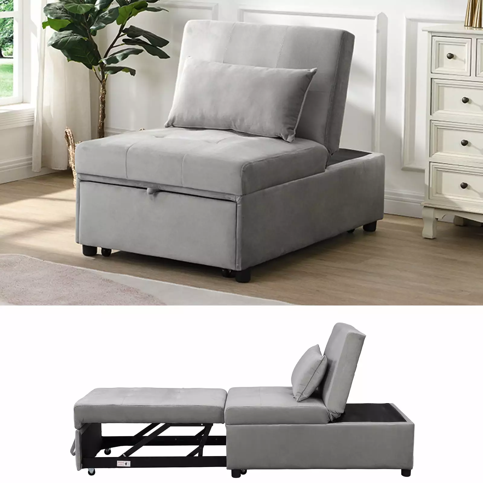 Versatile Gray Folding Ottoman Sofa Bed Multi-Function Convertible Chair and Tea Table HOMXIAOWO