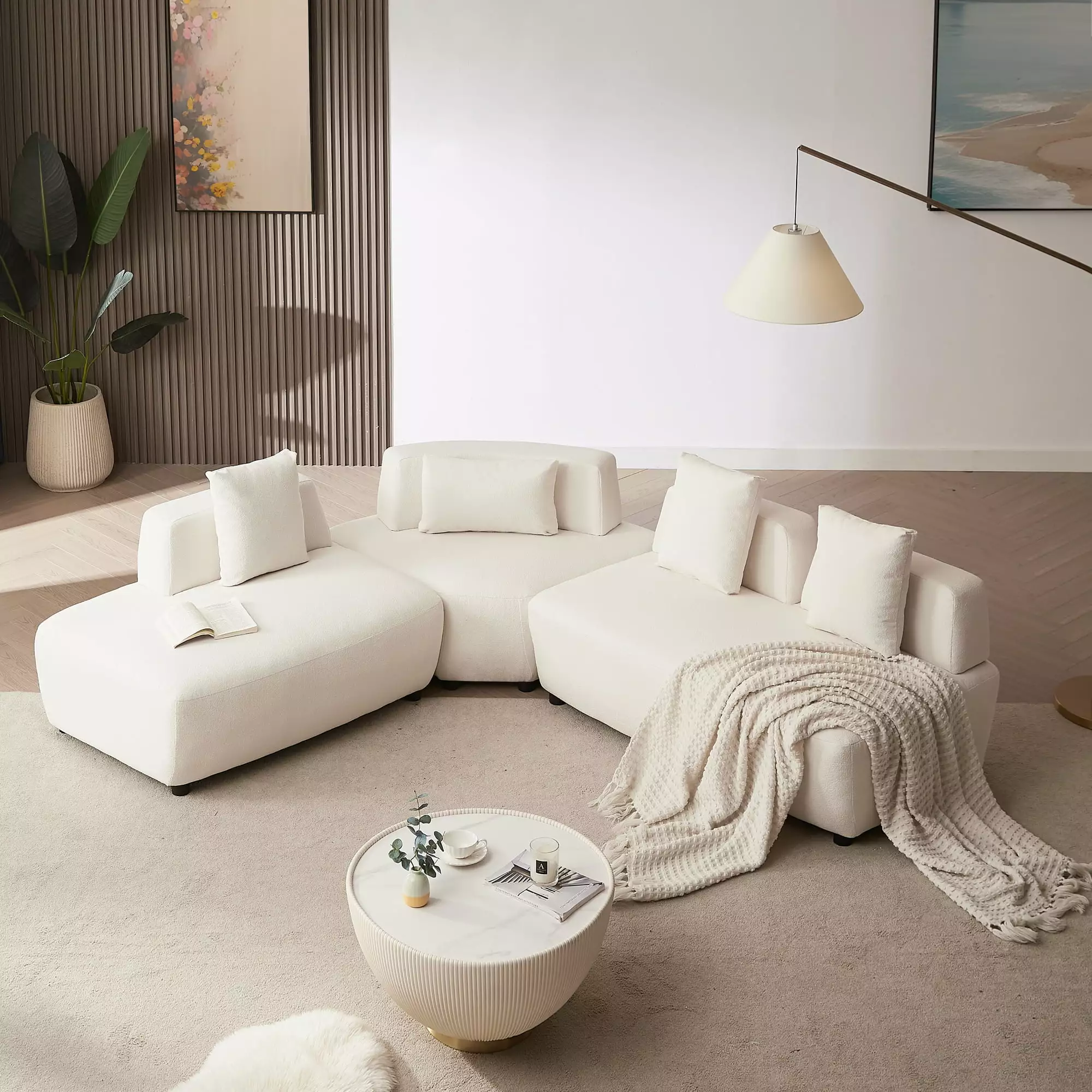 Contemporary 3 Piece Sectional Sofa Convertible Removable Pillows Beige Living Room Couch Ghislaine