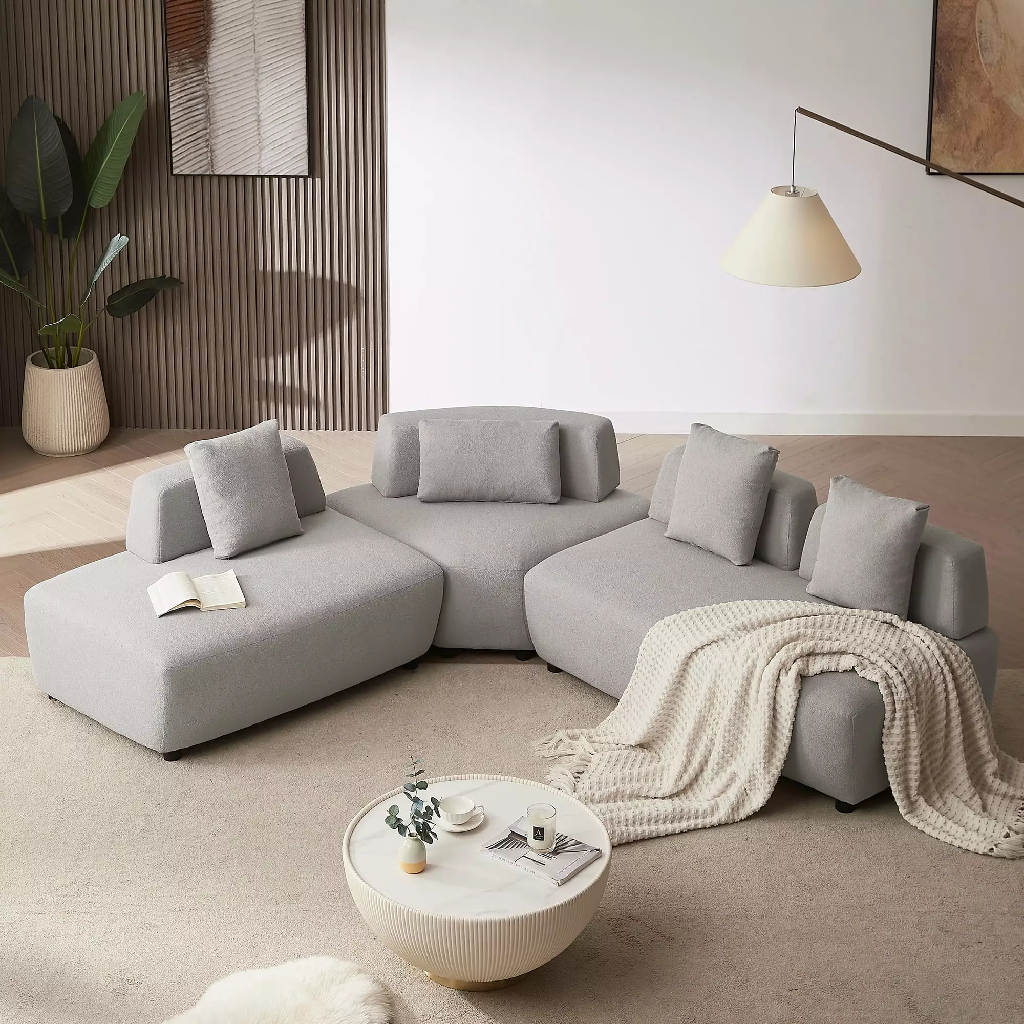 Contemporary 3 Piece Sectional Sofa Convertible Removable Pillows Grey Modern Living Room Couch Ghislaine