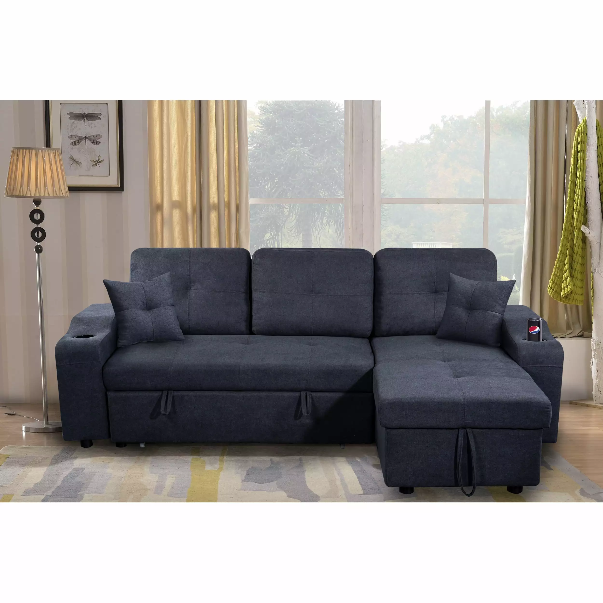 Right-Facing Sectional Sofa Footrest Convertible Corner Sofa Armrest Storage Dark Grey Miekor