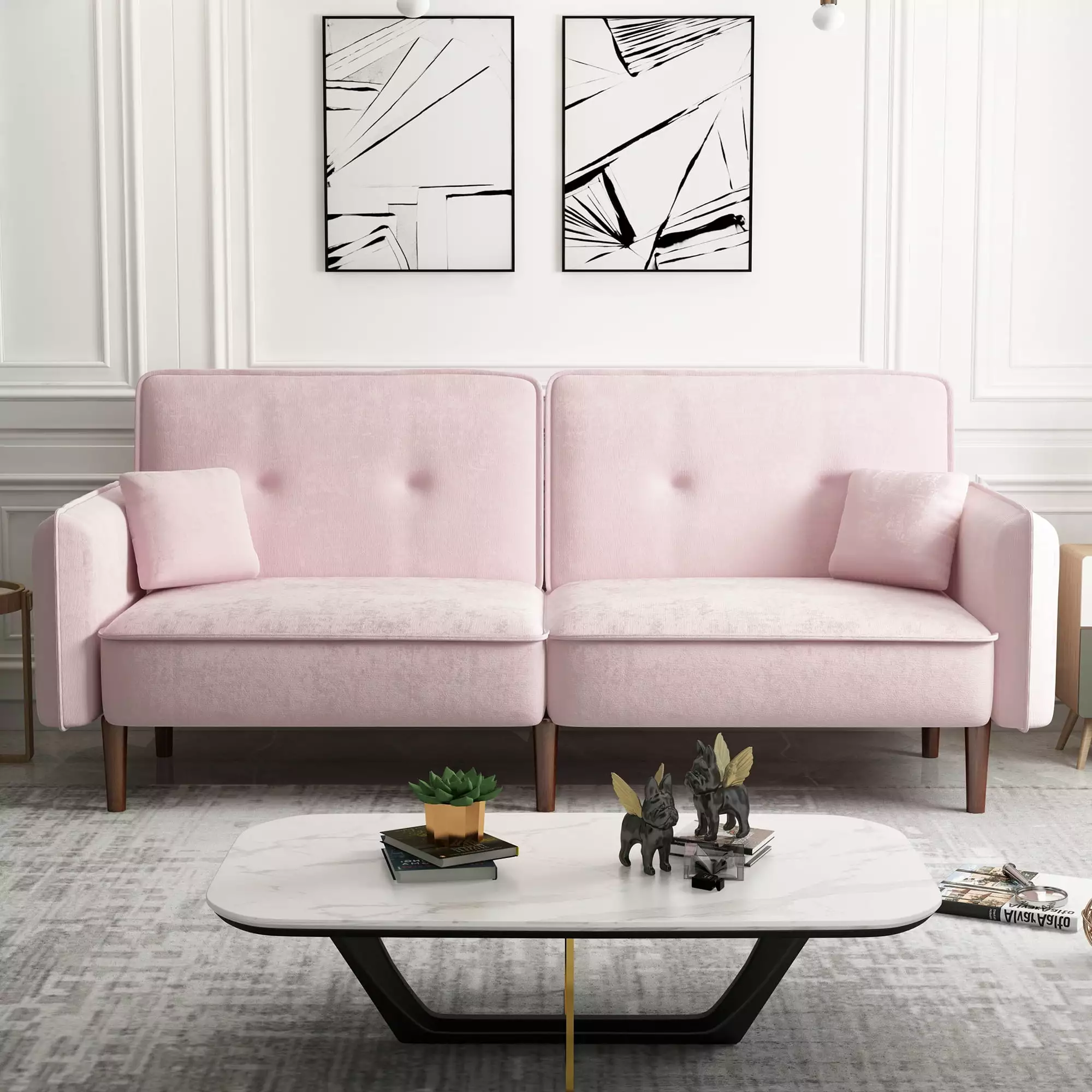CoSoTower Convertible Sofa Bed Wood Legs Velvet Pink