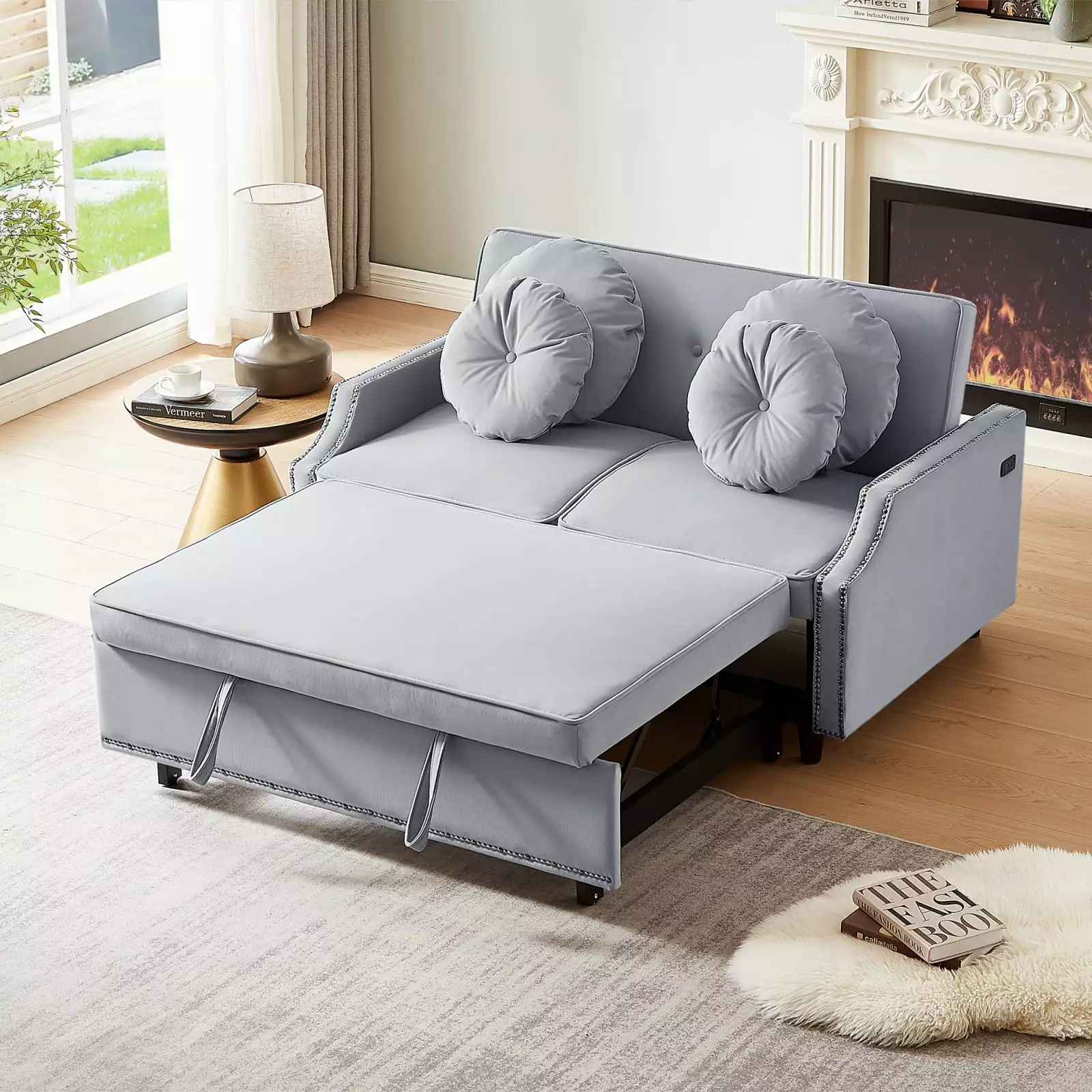 Light Grey Convertible Sofa Bed Adjustable 3-Level Backrest Pull-Out Feature Stylish Floral Pillows Two Onboard USB Ports ...