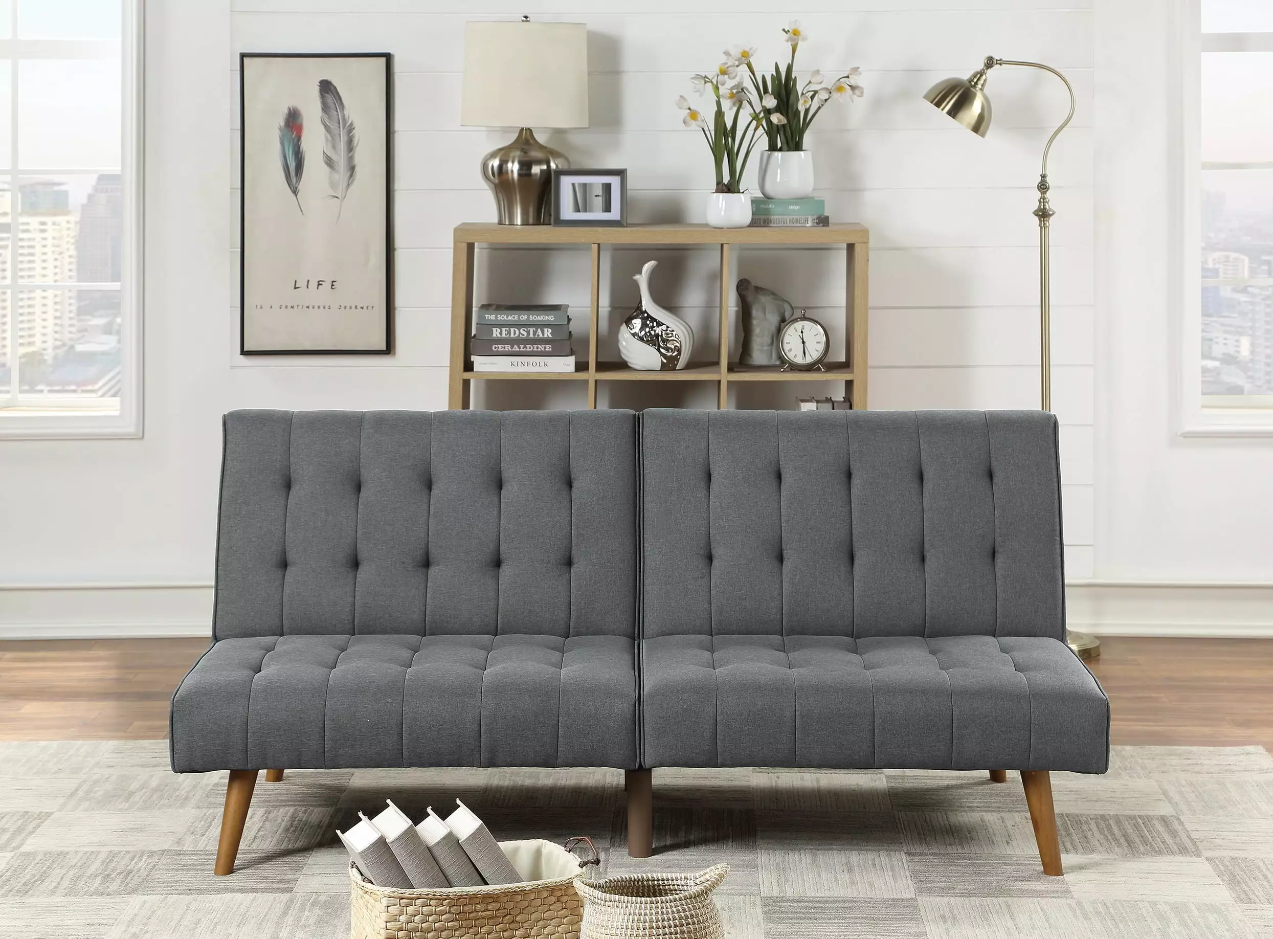 Blue Grey Modern Convertible Sofa Polyfiber Plush Tufted Cushion and Wooden Legs CNCJ