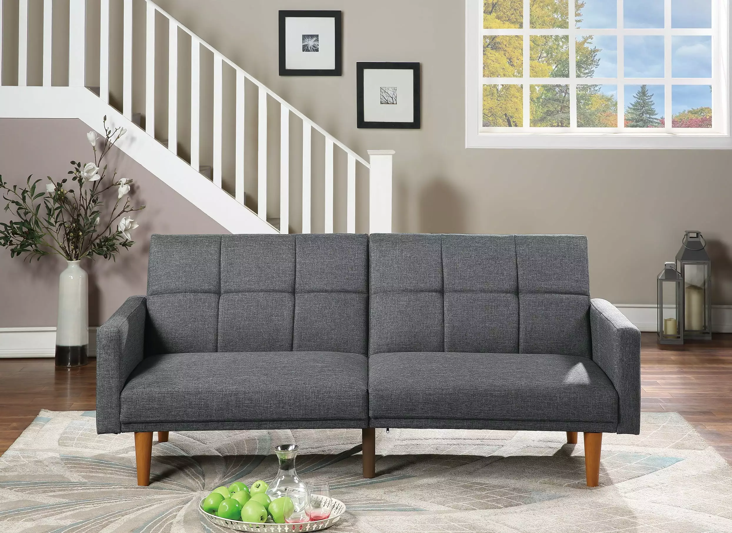 CoSoTower Transitional Look Living Room Sofa Couch Convertible Bed Blue Grey Polyfiber 1Pc Tufted Sofa Cushion Wooden Legs