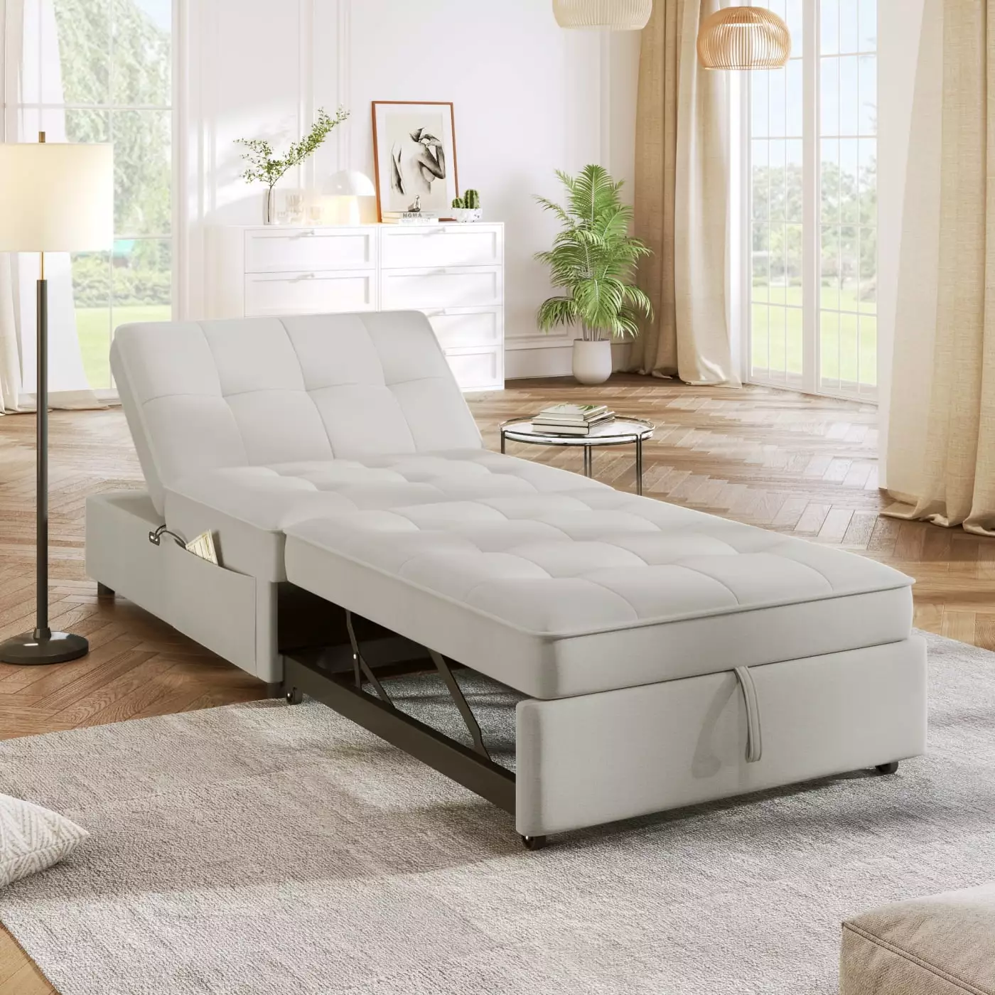 Stylish Beige 4--1 Sofa Bed Storage Pocket and USB Port - Space-Saving Furniture Small Apartments HATNOKIL