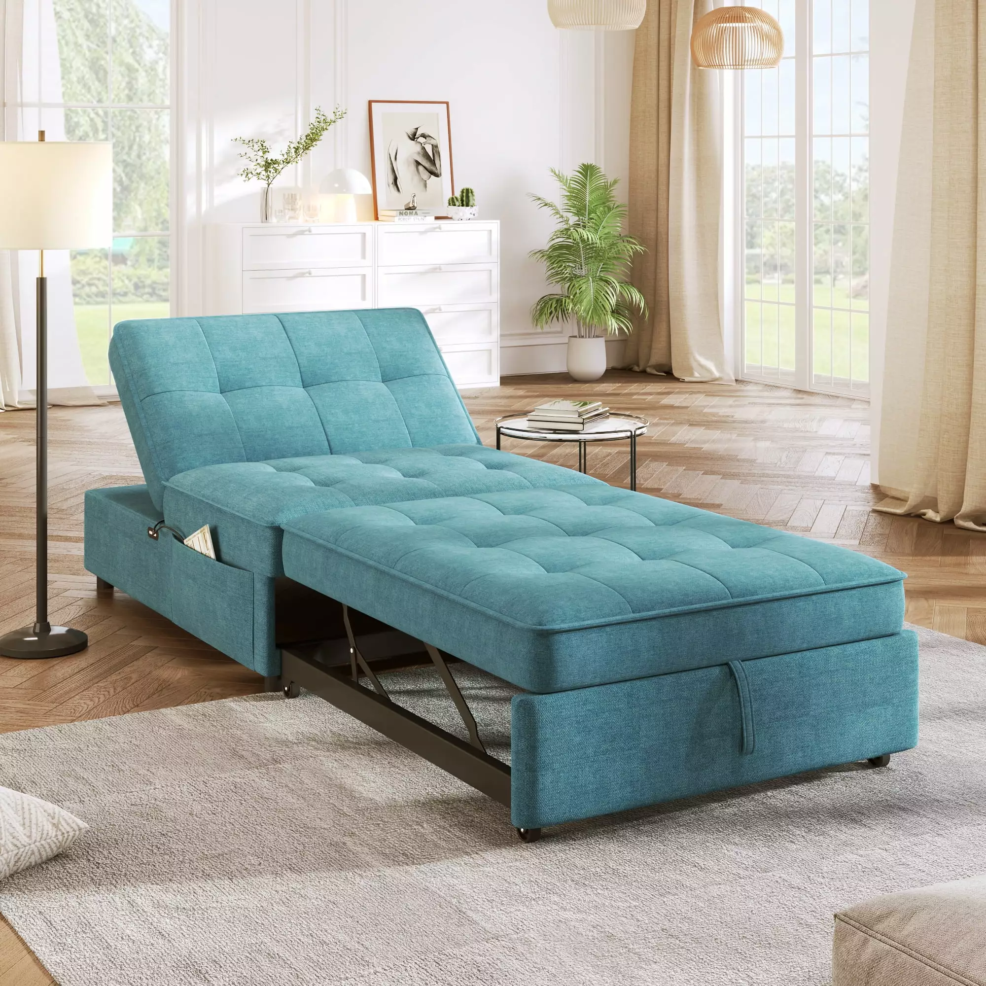 Homiyad 4--1 Sofa Bed Storage Pocket and USB Port - Multi-Function Folding Ottoman Bed Small Spaces - Teal