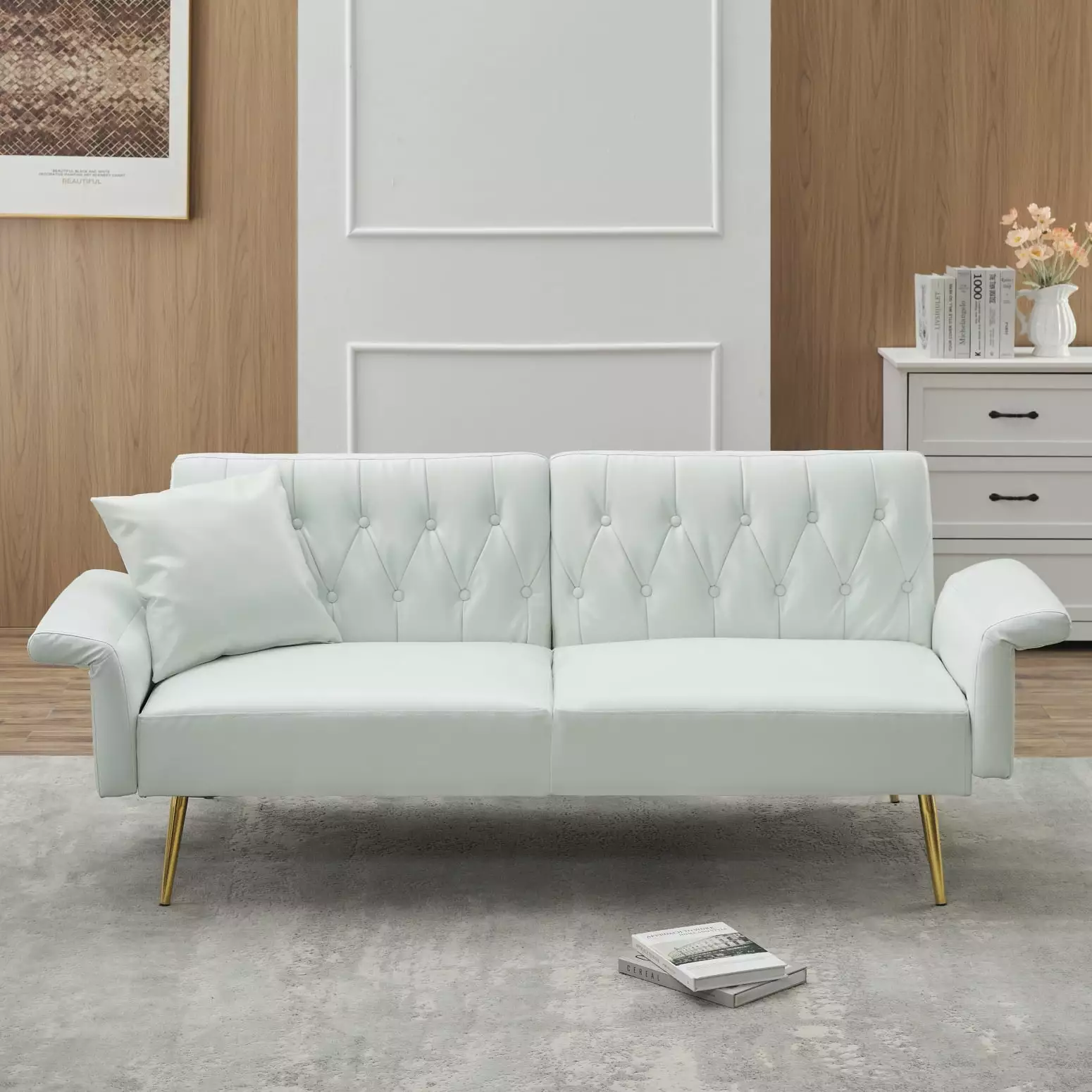 Contemporary White PVC Convertible Sofa Bed 3 Transformation Modes Foldable Apartment Sofa Studios LMing