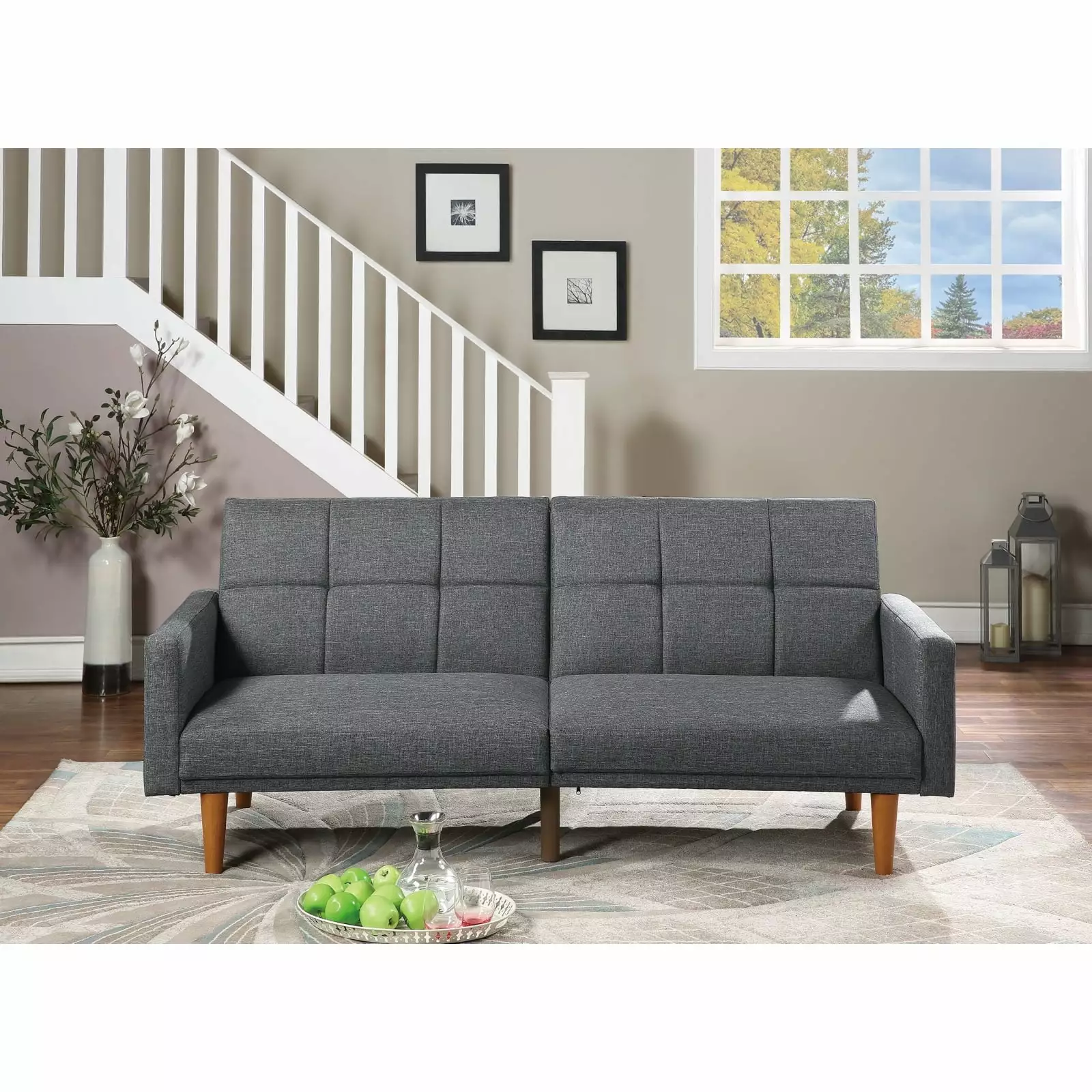Miekor Furniture Transitional Living Room Sofa Couch Convertible Bed Blue Grey Polyfiber Tufted Cushion Wooden Legs
