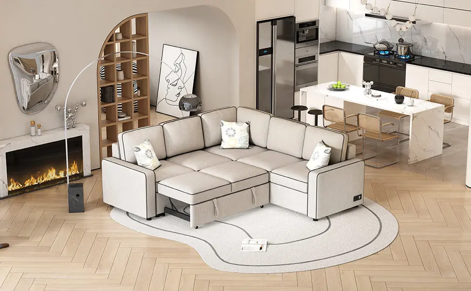 83 Inch Pull Out Sofa Bed Modern Convertible Sleeper 2 Pillows rnb