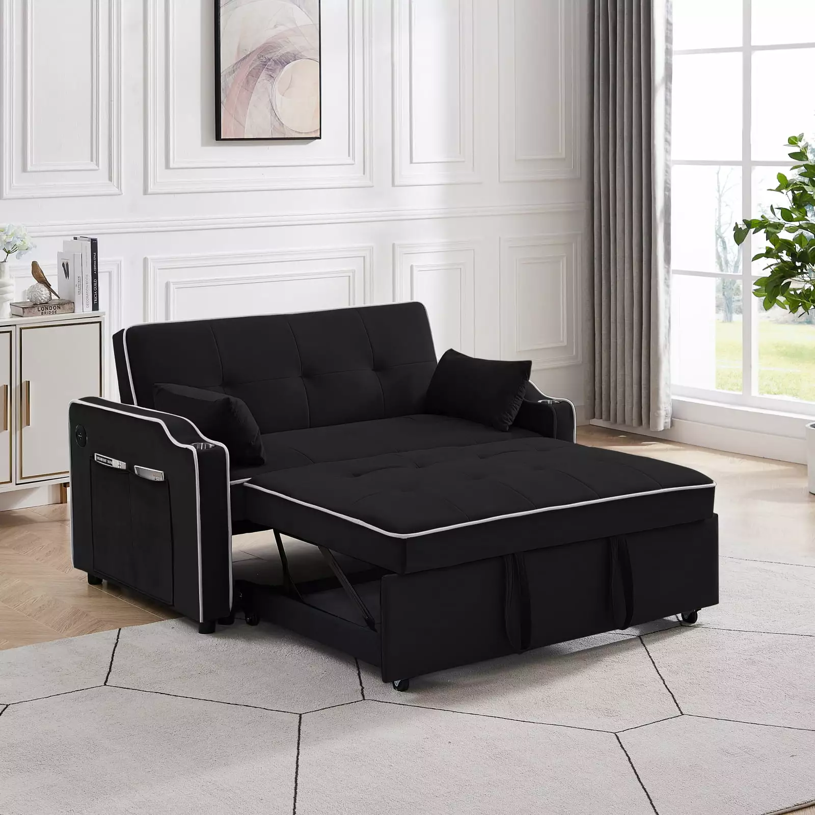 Miekor Furniture 3 1 Convertible Sofa Chair Bed Adjustable Backrest Chaise Lounge USB Ports Black