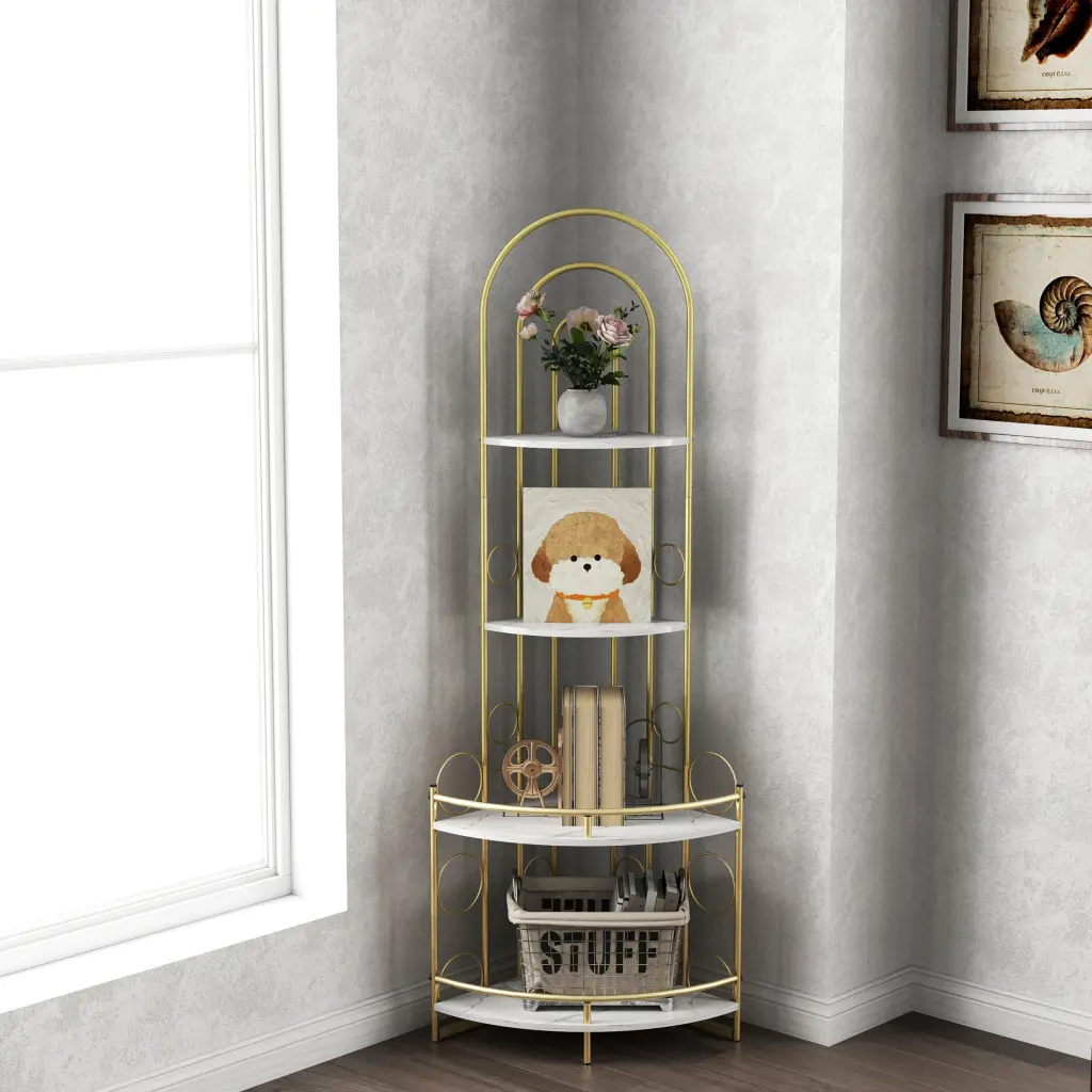 Gold 4 Tier Corner Bookshelf Modern Style Plant Stand Metal Frame rnb