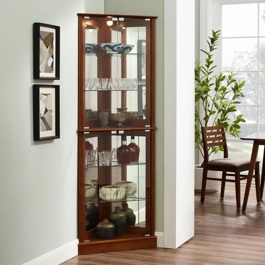 Corner Curio Display Cabinet Lights Adjustable Tempered Glass Shelves harmony