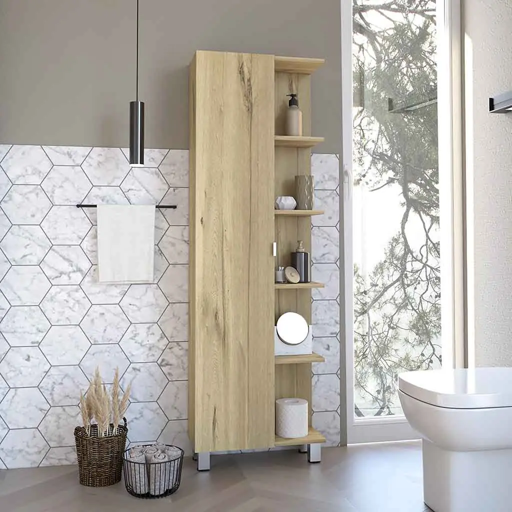 Corner Cabinet Womppi, Five Open Shelves, Single Door, Light Oak Finish treevol furniture