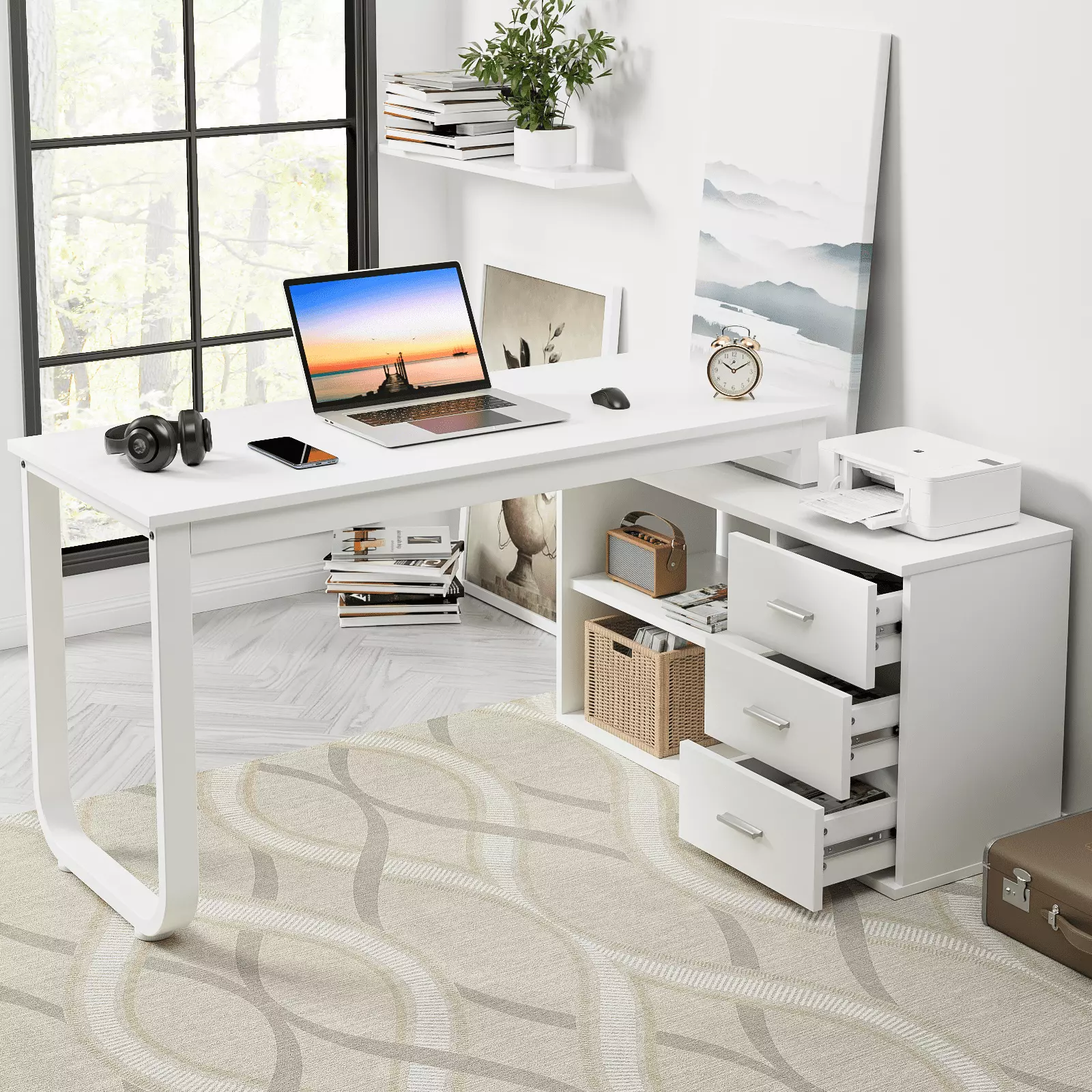 4 EVER WINNER 55 Inch L Shaped Desk Storage Drawers and Shelves White