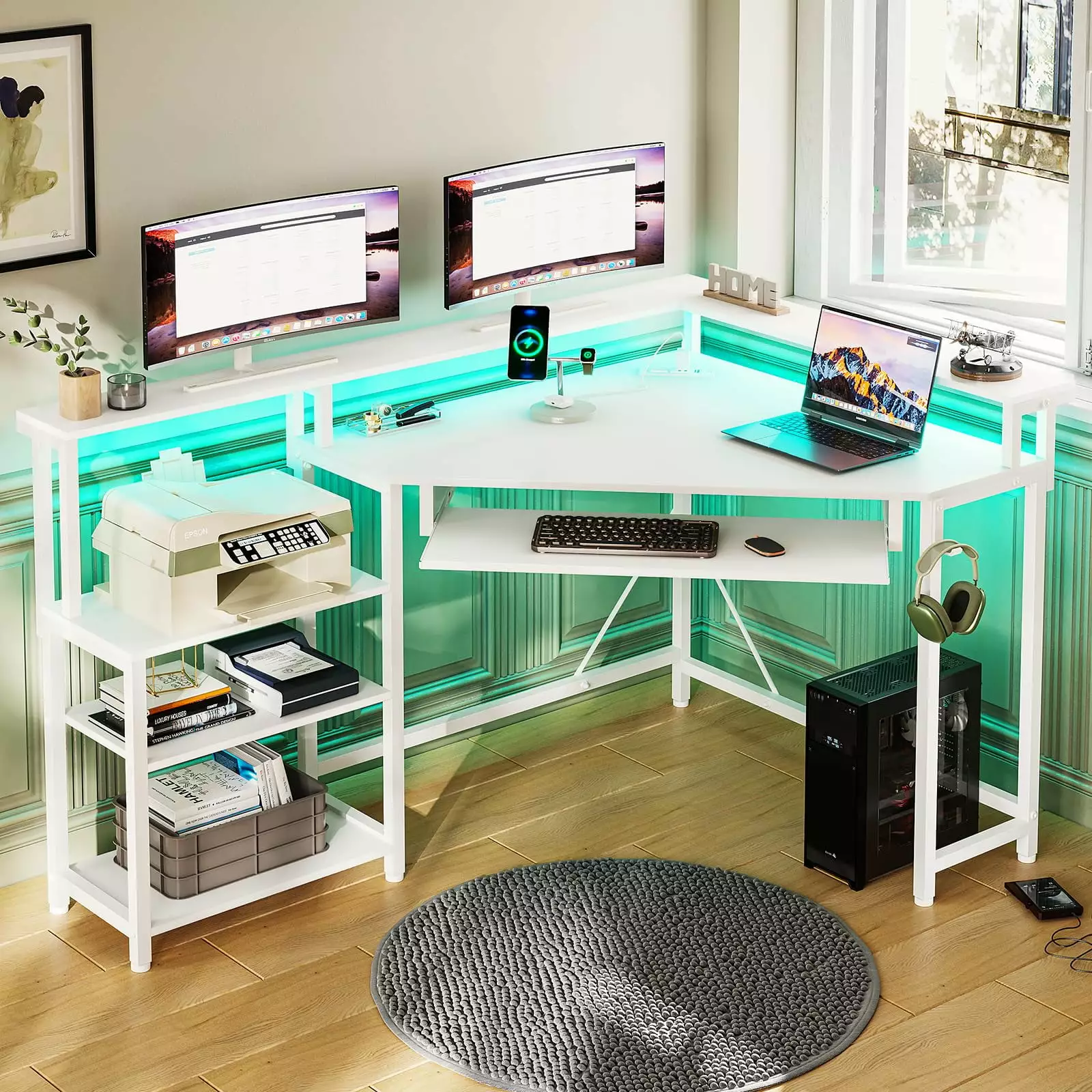 Afuhokles White Small Corner Computer Desk Power Outlets and LED Lights