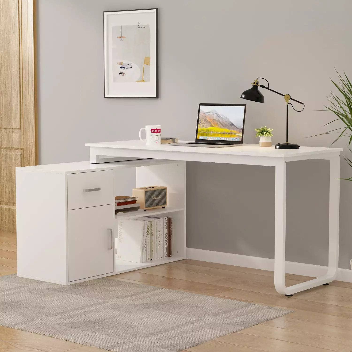 AIEGLE L Shape Desk Open Shelves Drawer and Cabinet White Corner Desk Home Office