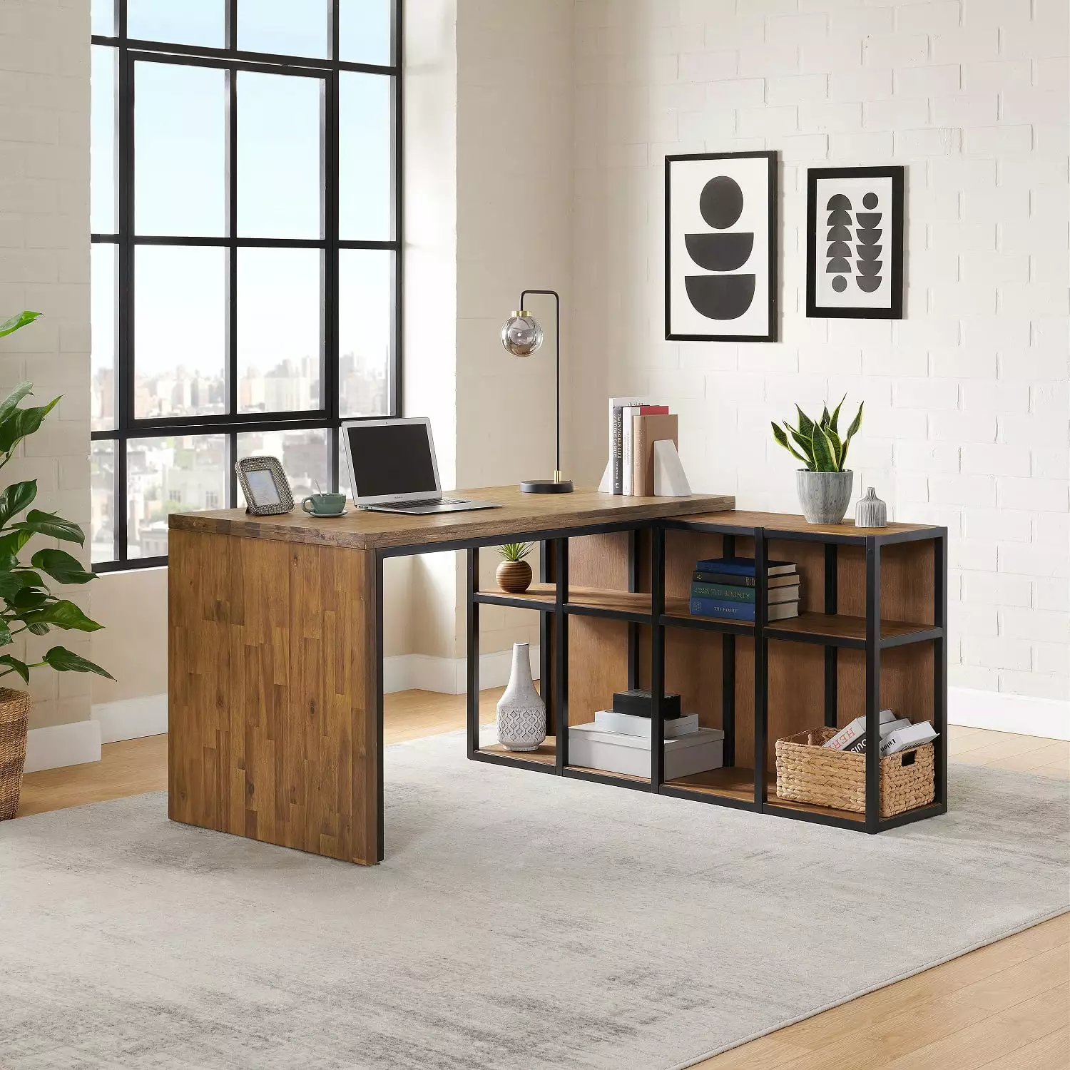 Alaterre Furniture Lloyd Acacia Wood 55W Corner Desk Storage Credenza Natural Finish