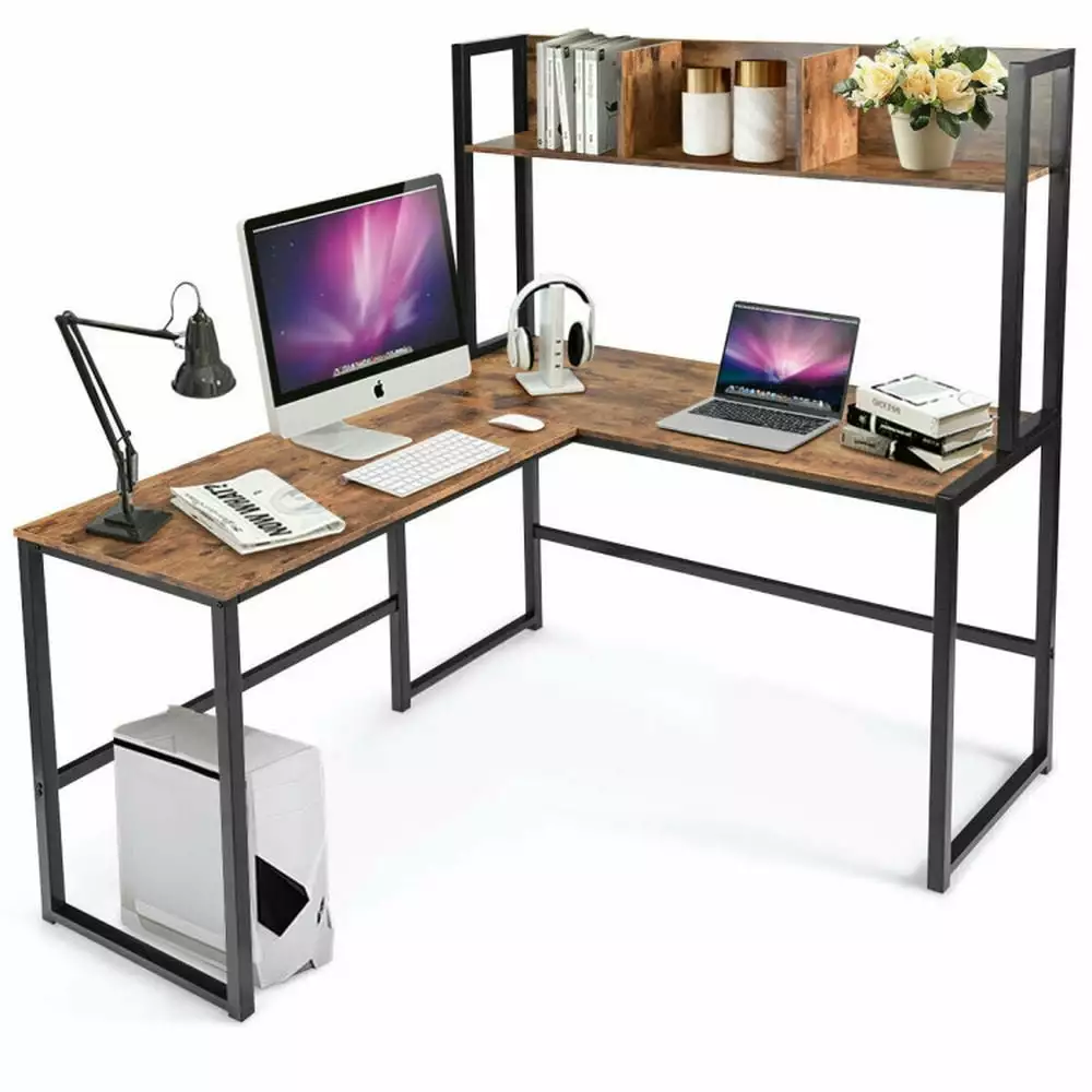Barara King Brown L-Shaped Corner Gaming Desk Storage Bookshelf