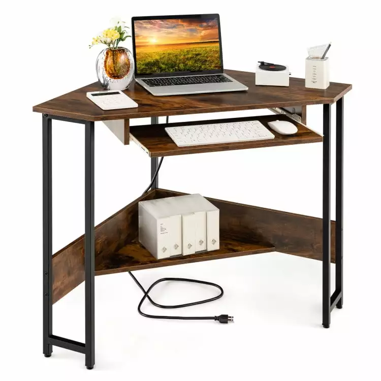 Canddidliike Triangle Corner Desk Charging Station Keyboard Tray Storage Shelf Rustic Brown