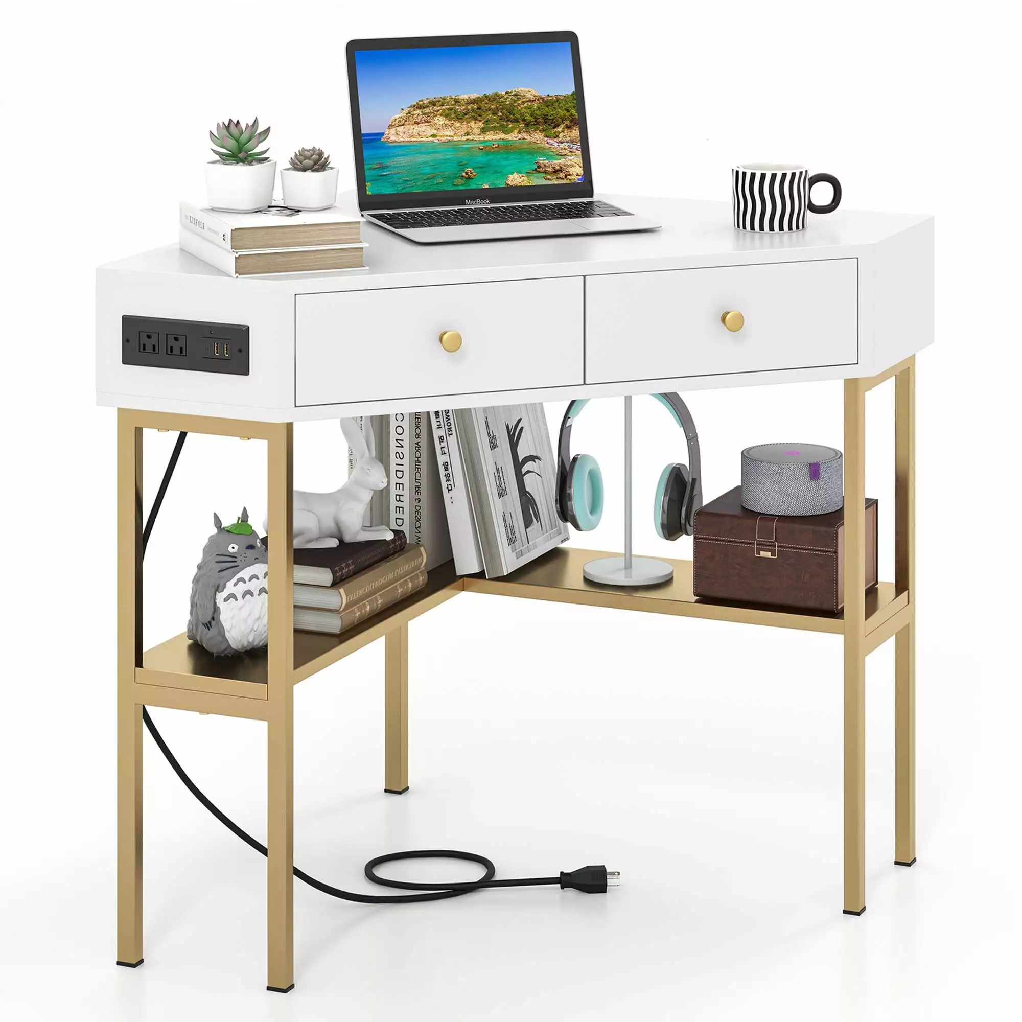 Costway Corner Desk Built- Charging Station and Storage Drawers Office
