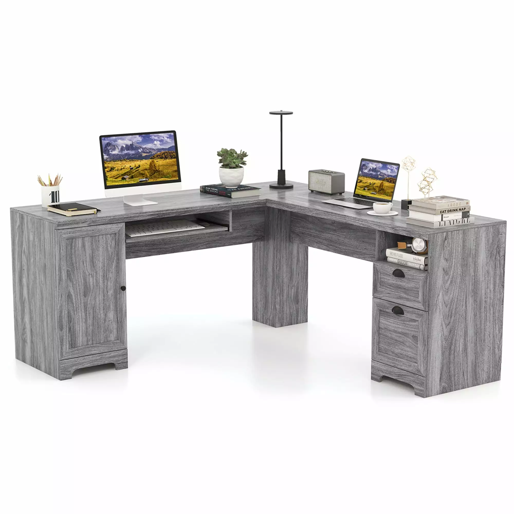 Costway L-Shaped Corner Computer Desk Drawers Storage - Compact Study Workstation