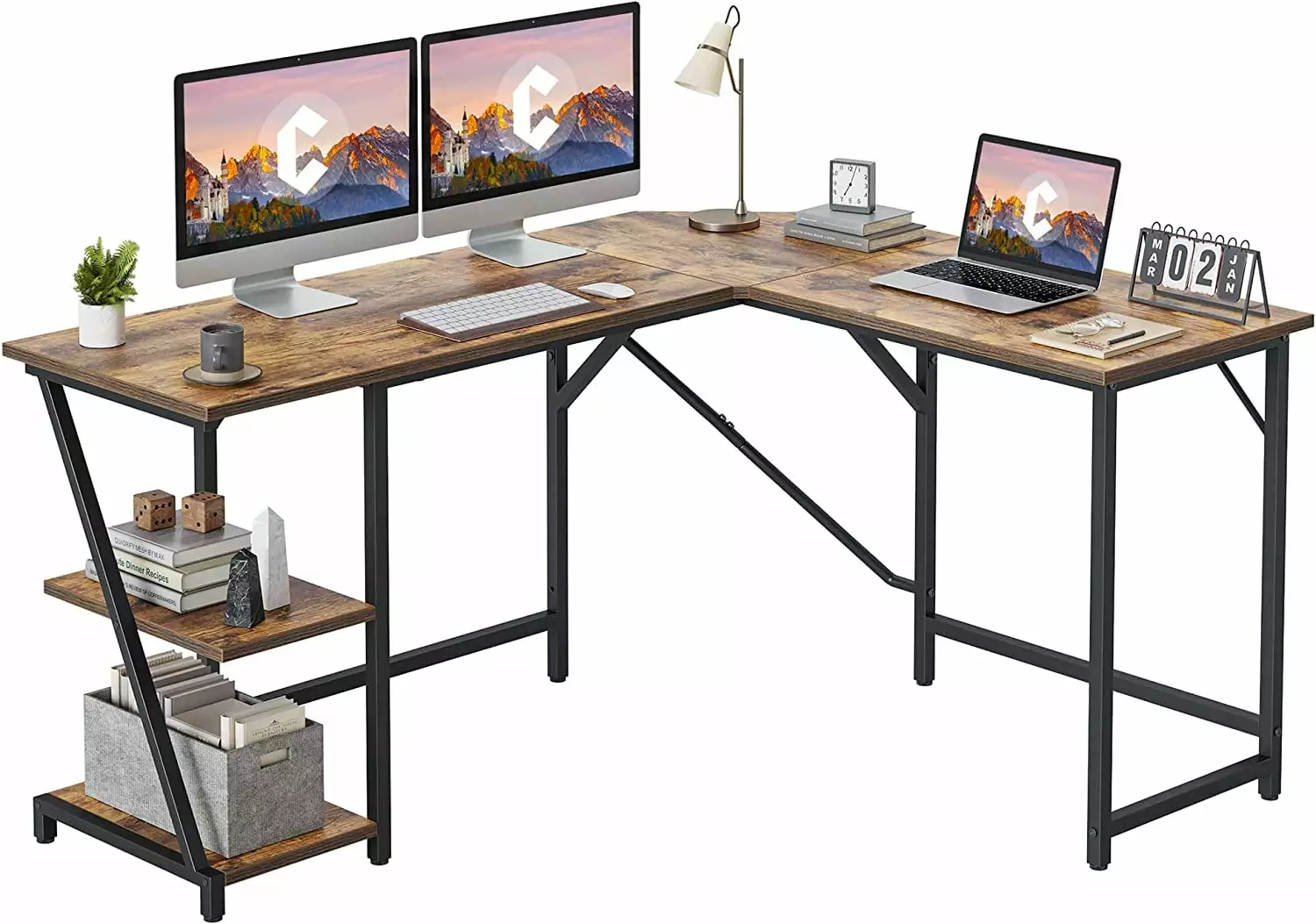 CubiCubi 59.1 Inch Rustic Brown L Shaped Computer Desk Storage Shelves