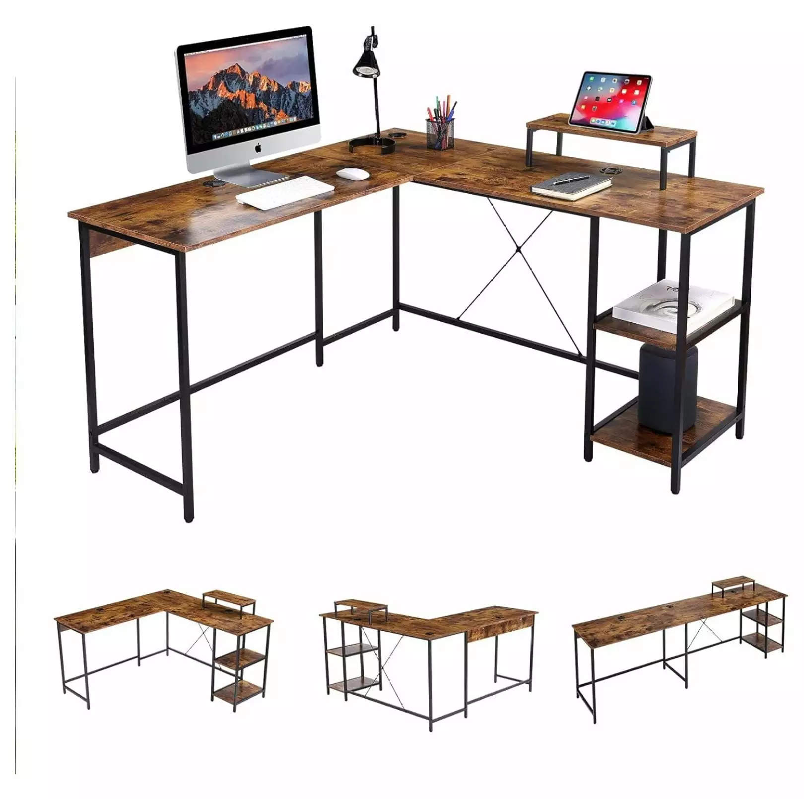 Drevy L Shaped Computer Desk CPU Stand and Storage Shelves