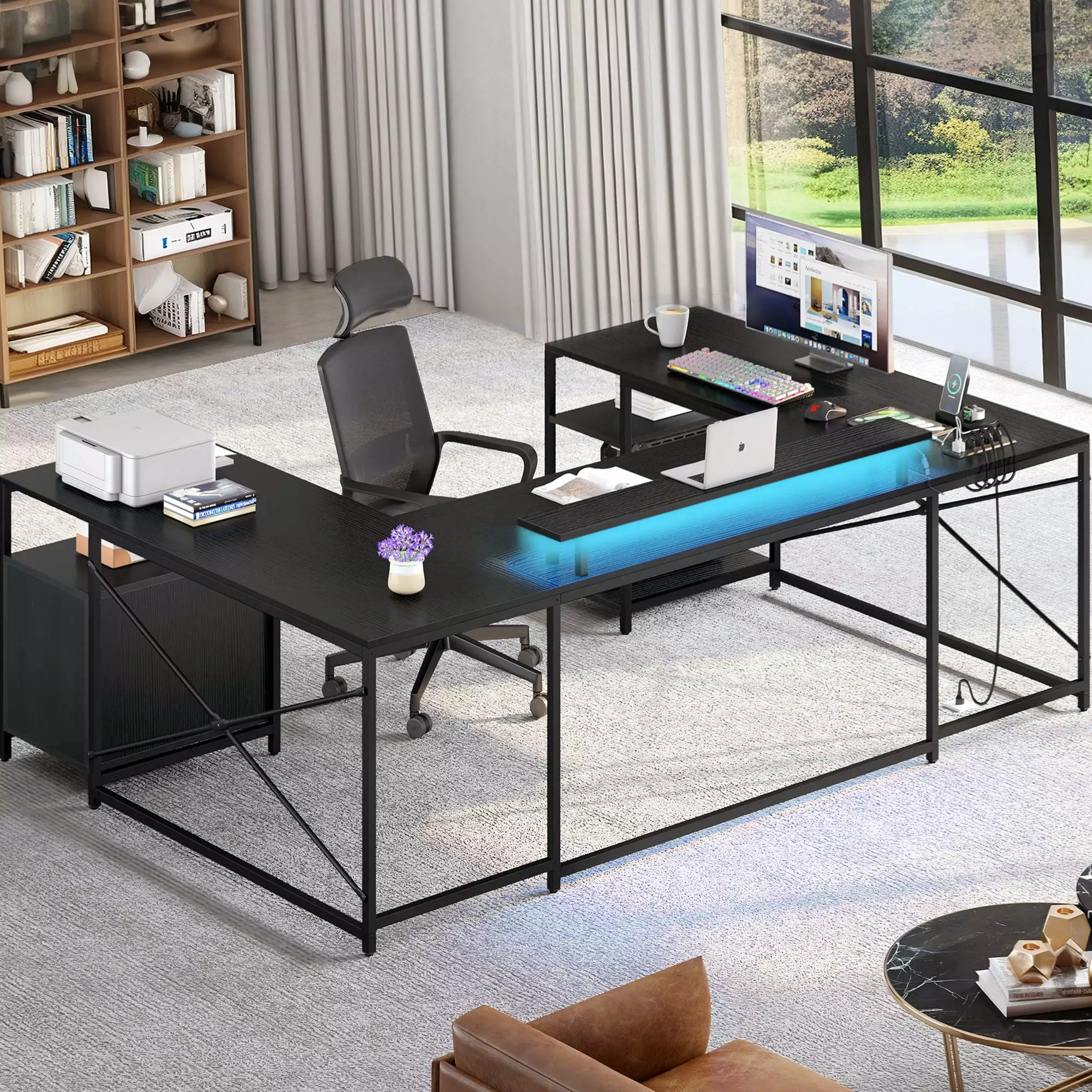 DWVO Black L Shaped Desk Power Outlets LED Lights Drawers Storage Shelves