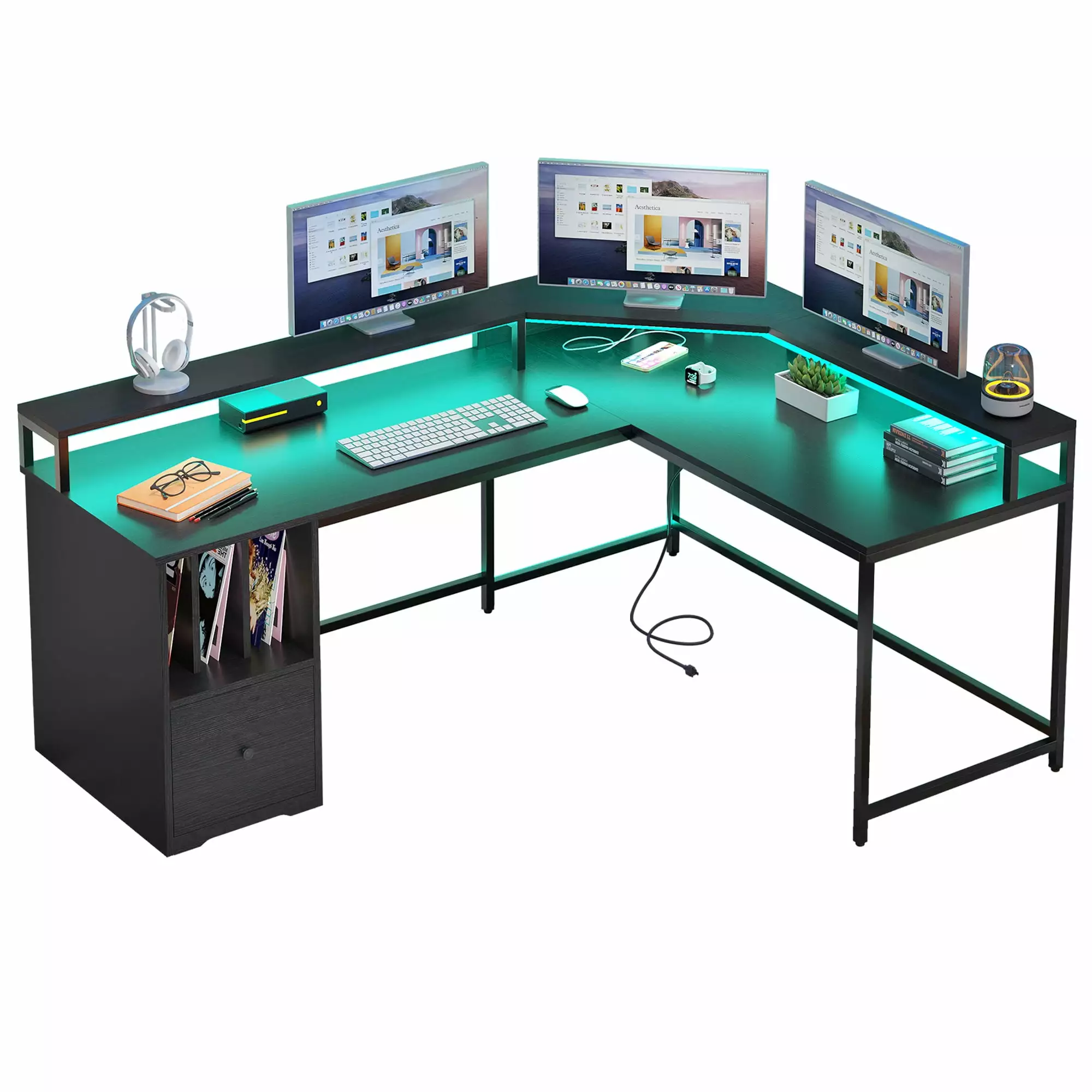 DWVO 67 Inch L Shaped Desk LED Light and Power Outlets Corner Office Desk Black