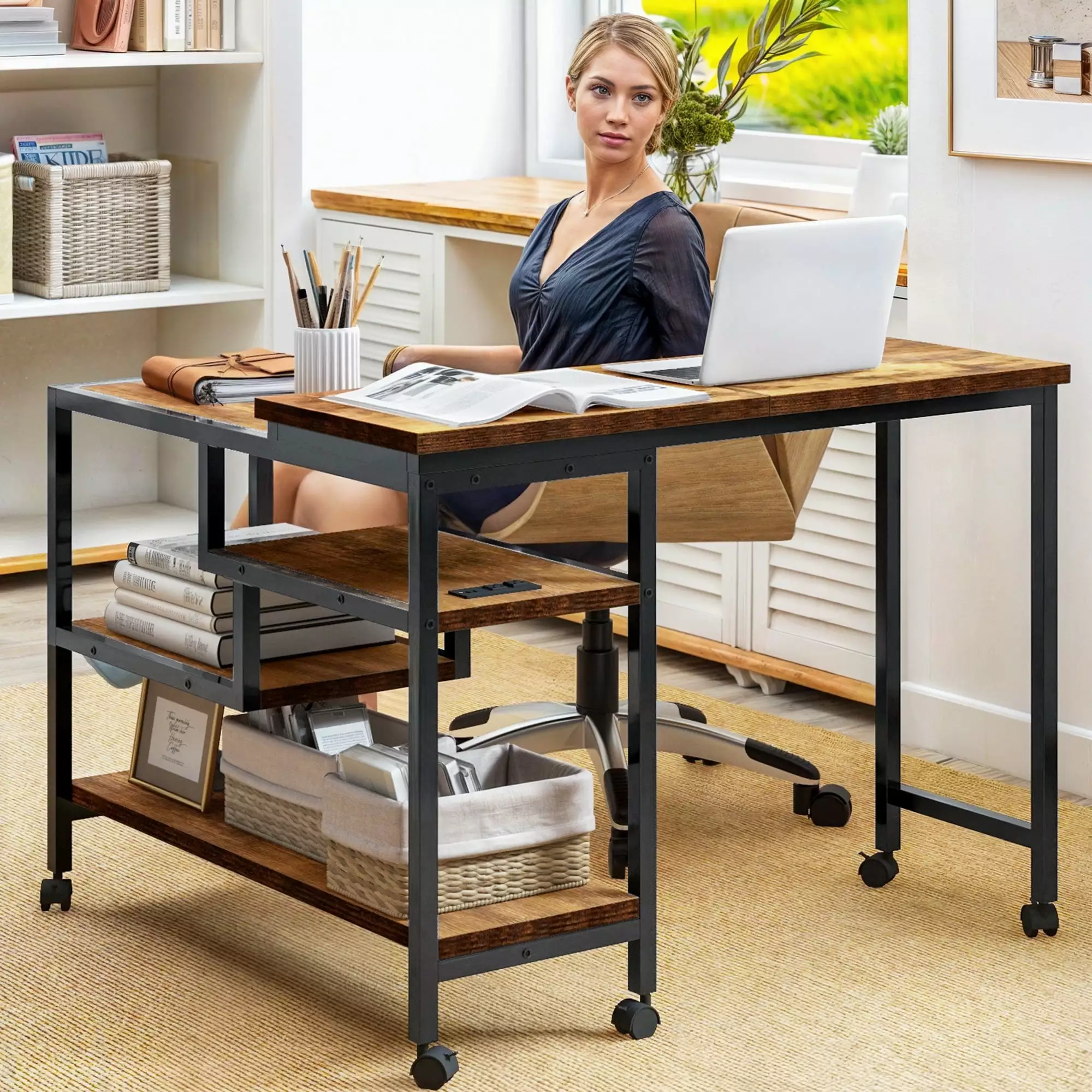 DWVO Rotating L-Shaped Writing Corner Desk Storage Shelves Wheels Power Outlets Rustic Brown