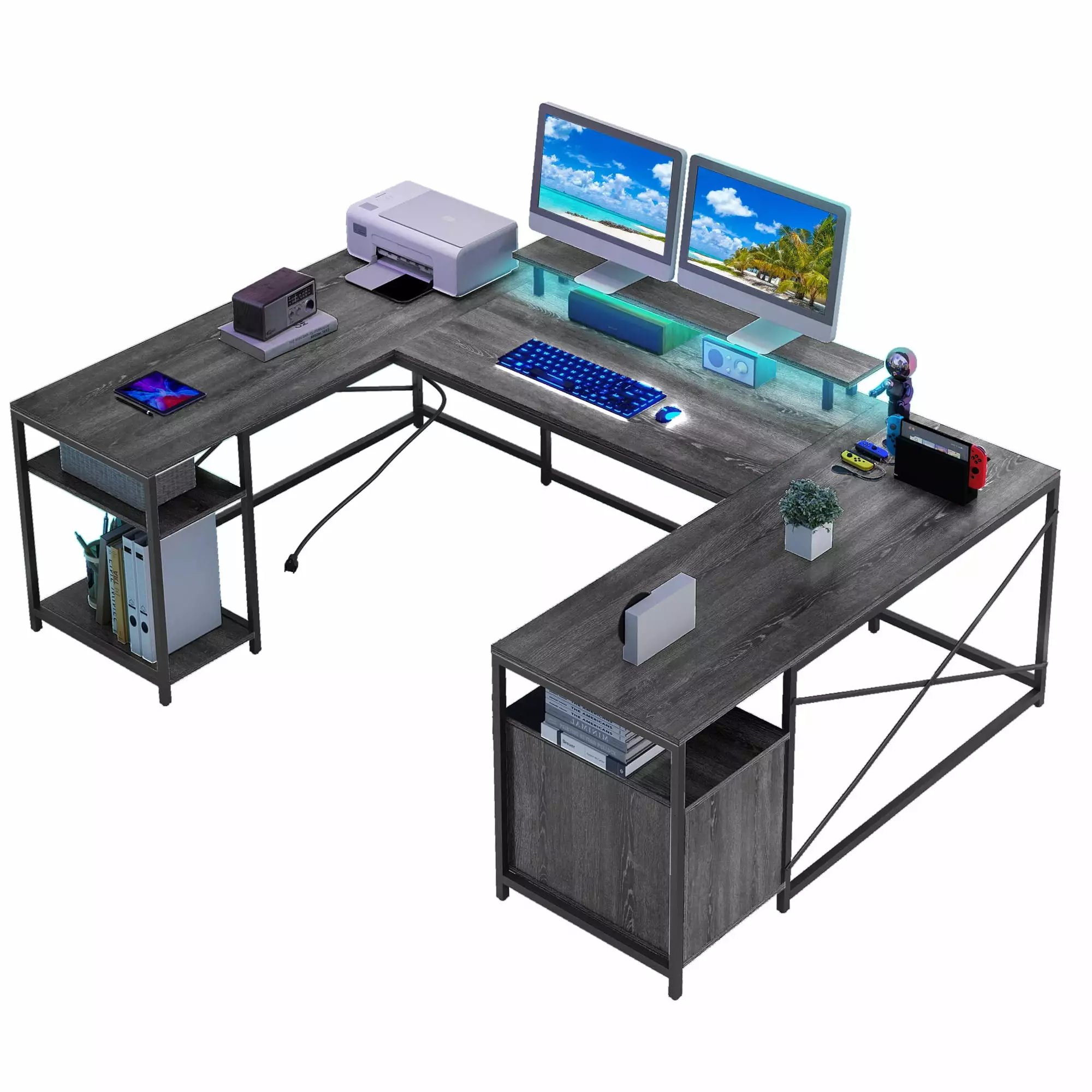 DWVO U Shaped Computer Desk Power Outlets LED Drawers Storage Shelves Gray Gaming Desk