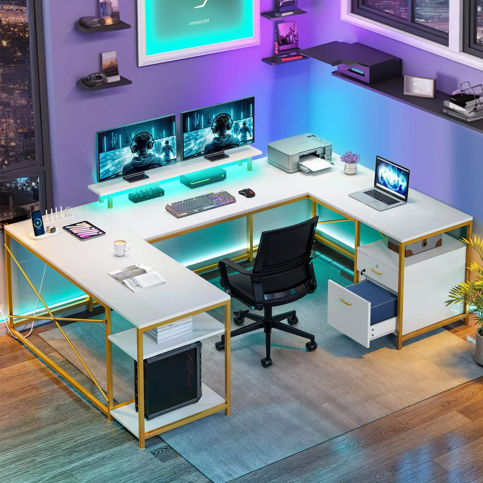 DWVO L Shaped Desk Power Outlets and LED Lights Reversible Computer Desk Drawers and Storage Shelves