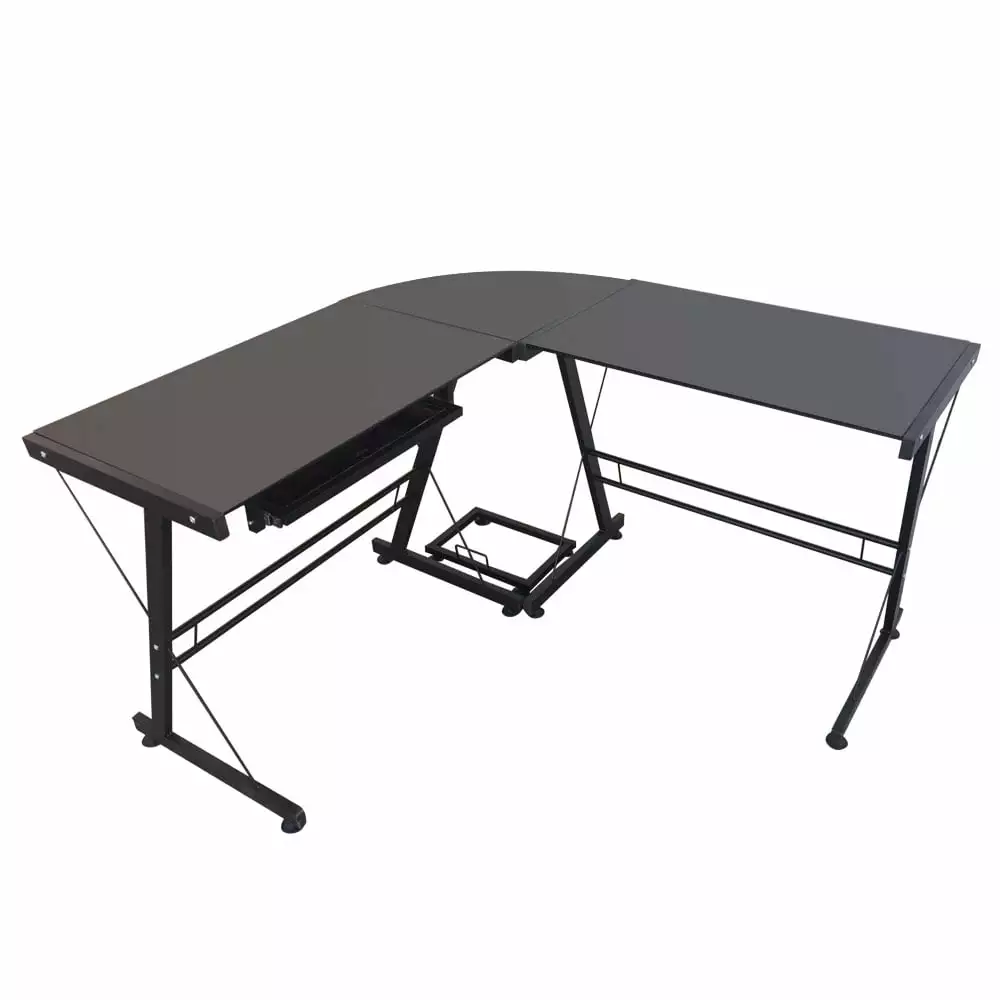 UBesGoo L-Shape Computer Desk Glass PC Corner Table Home Office Workstation Black FCH