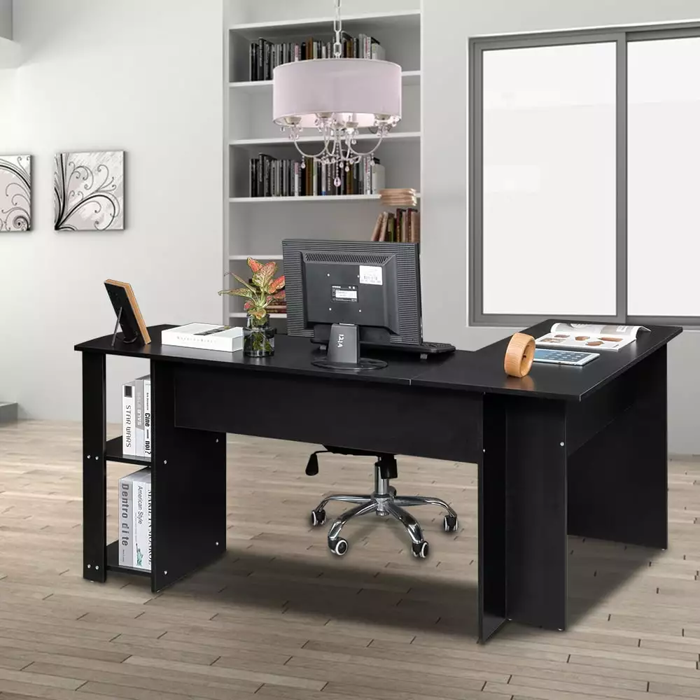 Winado Black L-Shaped Computer Desk Two-layer Bookshelves Home Office FCH