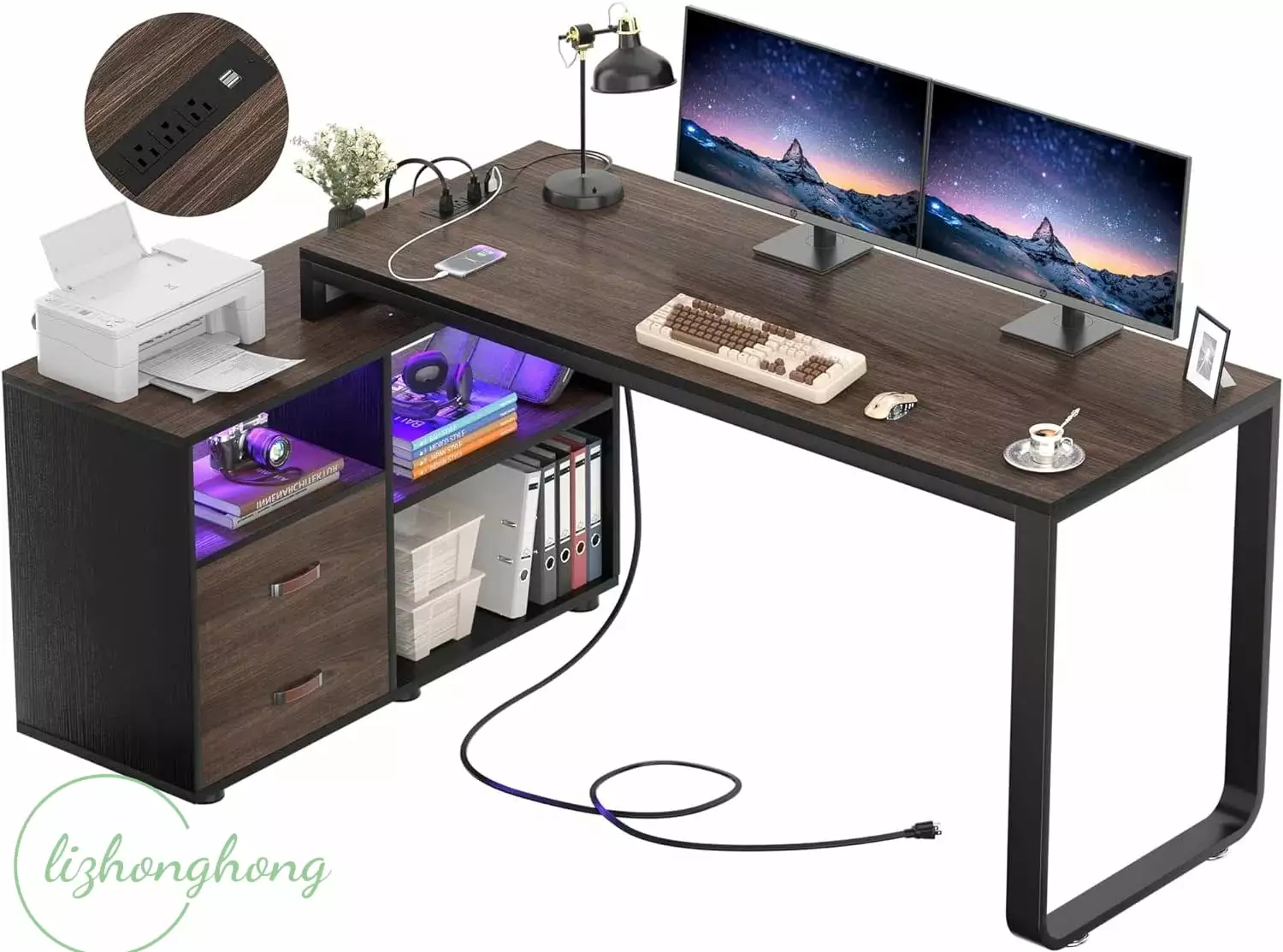 L Shaped Desk File Cabinet and Power Outlet Reversible 55 Inch Corner Computer Desk LED Strip FHWMJJ