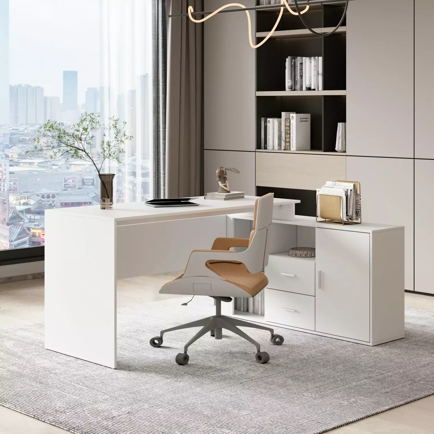 FUFU&GAGA Reversible L-Shaped White Writing Workstation Table Computer Desk Cabinet FUFU & GAGA