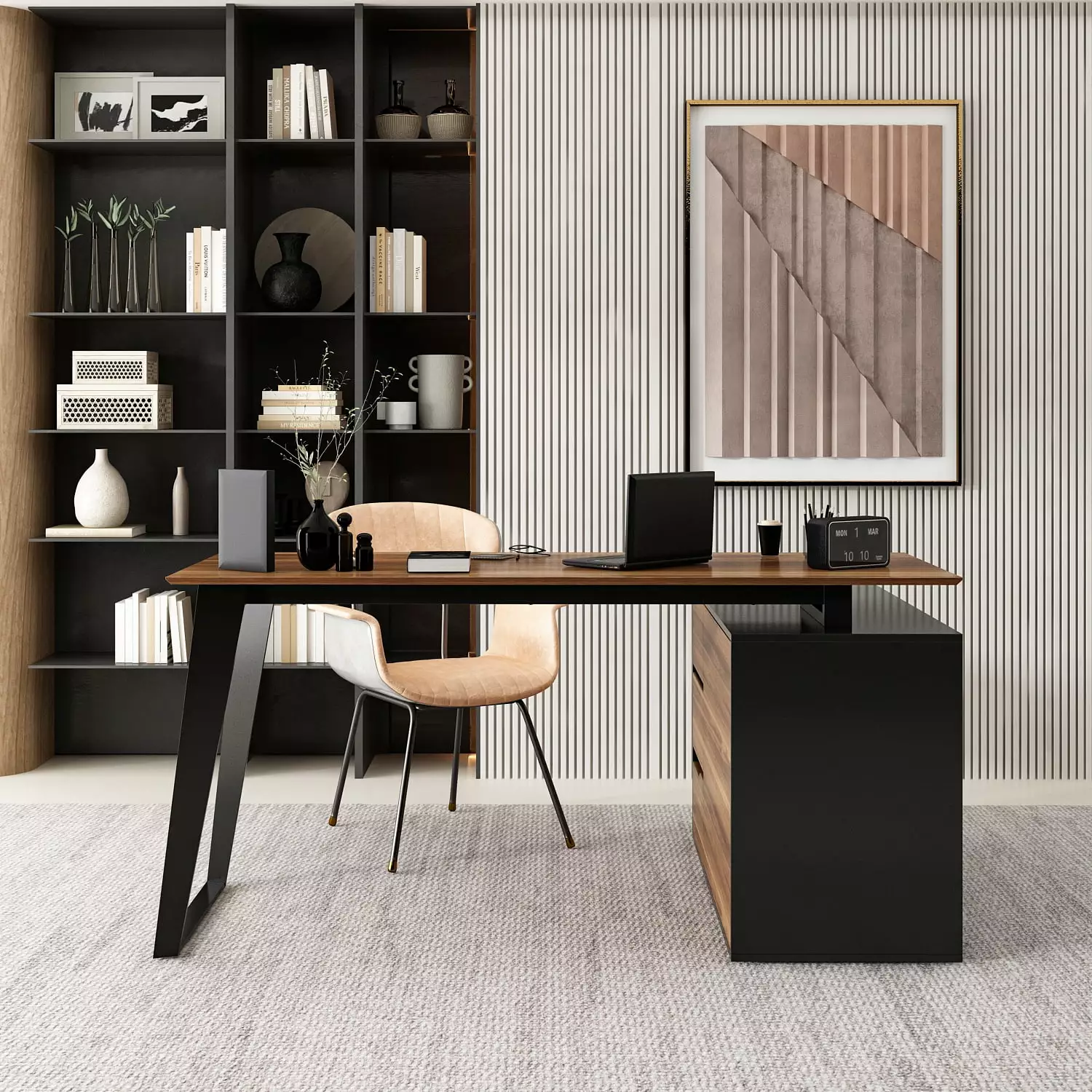 FUFU&GAGA L Shaped Computer Study Desk Cabinet and 3 Drawers - Walnut Corner Workstation FUFU & GAGA