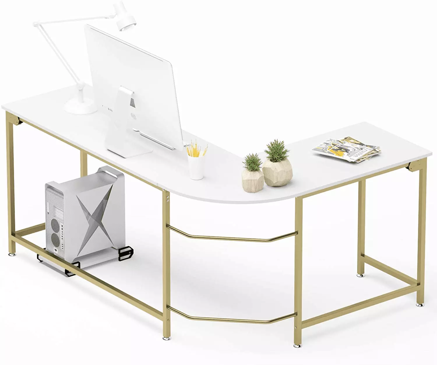 GEZEN Modern White L-Shaped Computer Desk Gold Frame Home Office