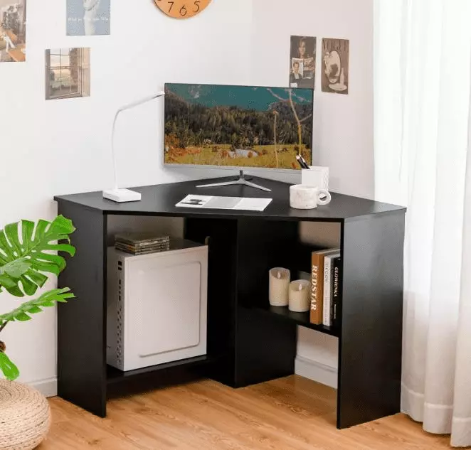 90 Degrees Triangle Corner Desk Storage Shelves and CPU Stand Small Spaces Guagum