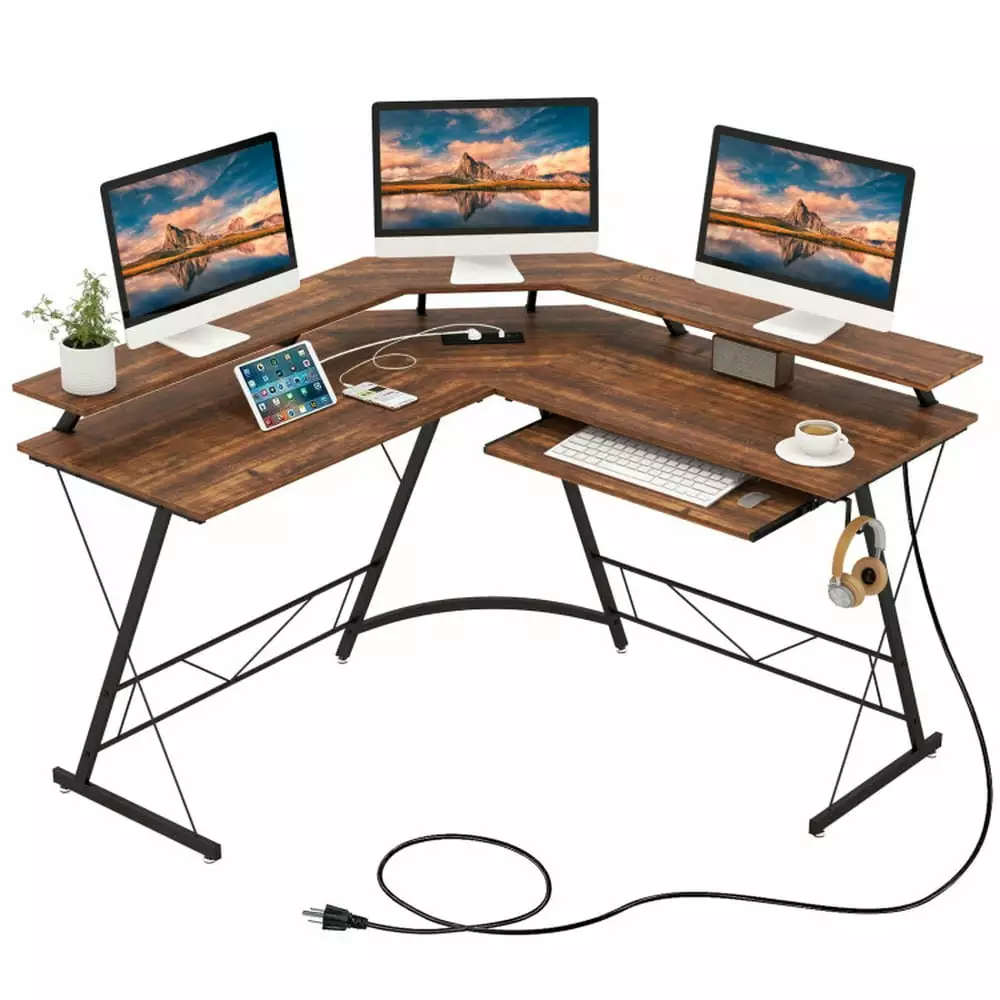 GVN L Shaped Computer Desk Power Outlet and Monitor Stand Rustic Brown