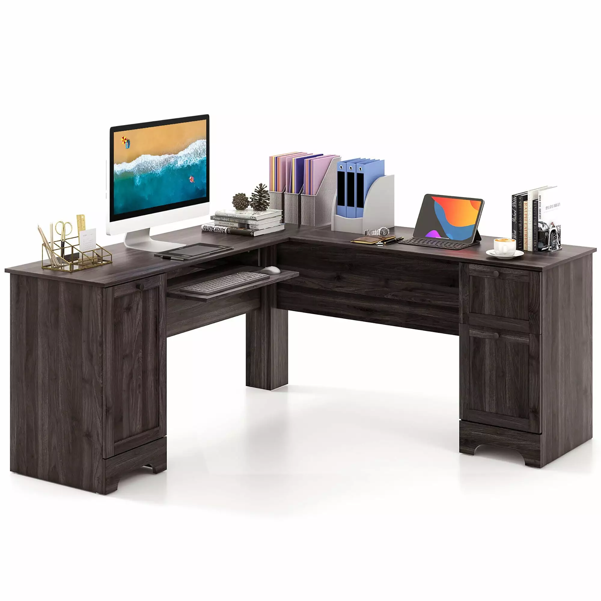 Gymax 66.5 Inch L Shaped Home Office Desk Corner Computer Desk Keyboard Tray Dark Brown