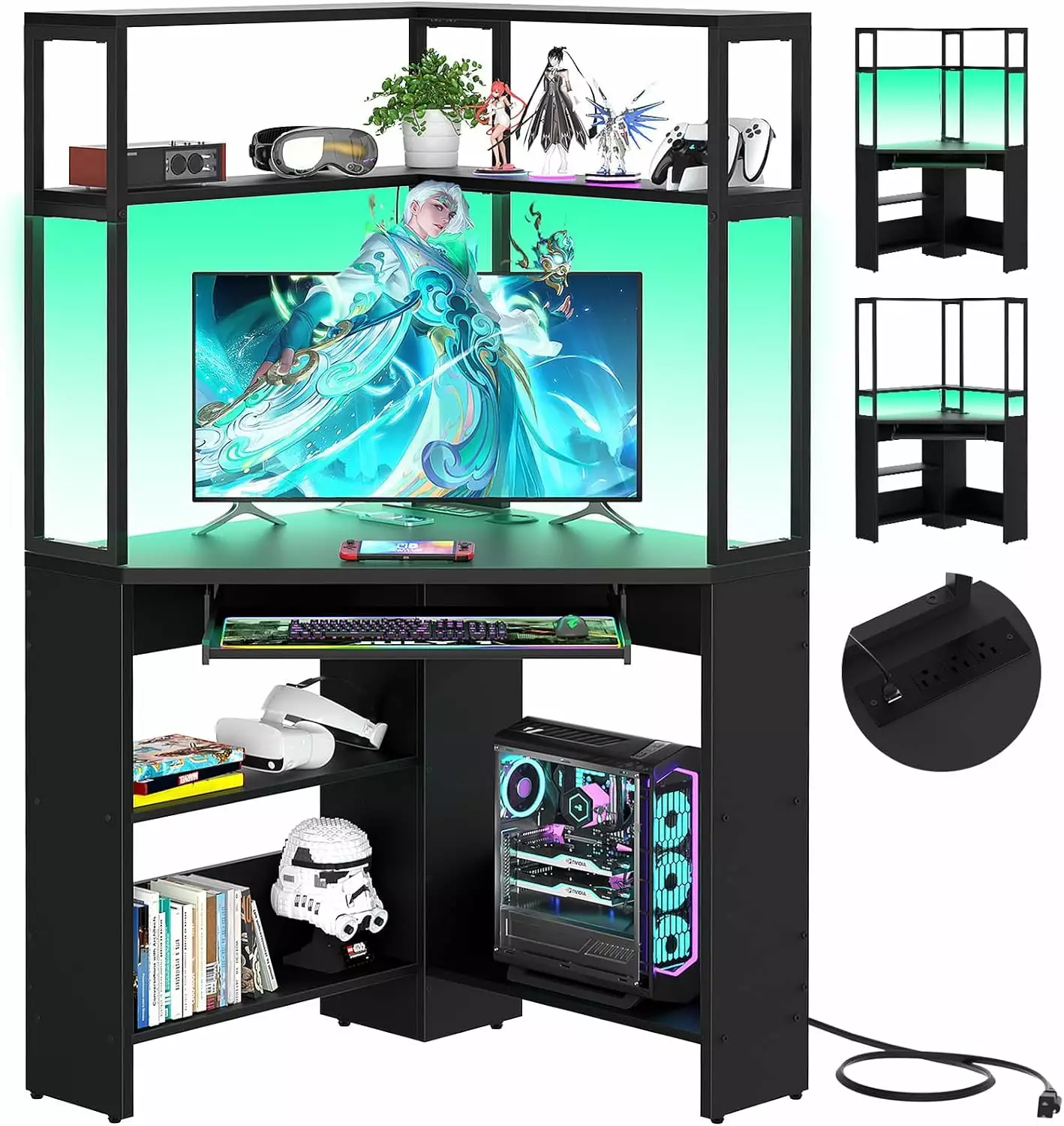 Homieasy Corner Computer Desk Power Outlets LED Light Triangle Gaming Desk Keyboard Tray Black