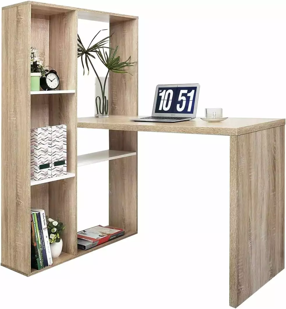 Homylin 47.2 Inch Wood Writing Corner Desk 3 Side Shelves Oak