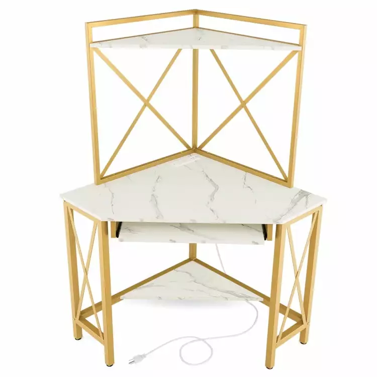Kepooman White Corner Computer Desk Hutch and Keyboard Tray Writing Laptop PC Table Workstation