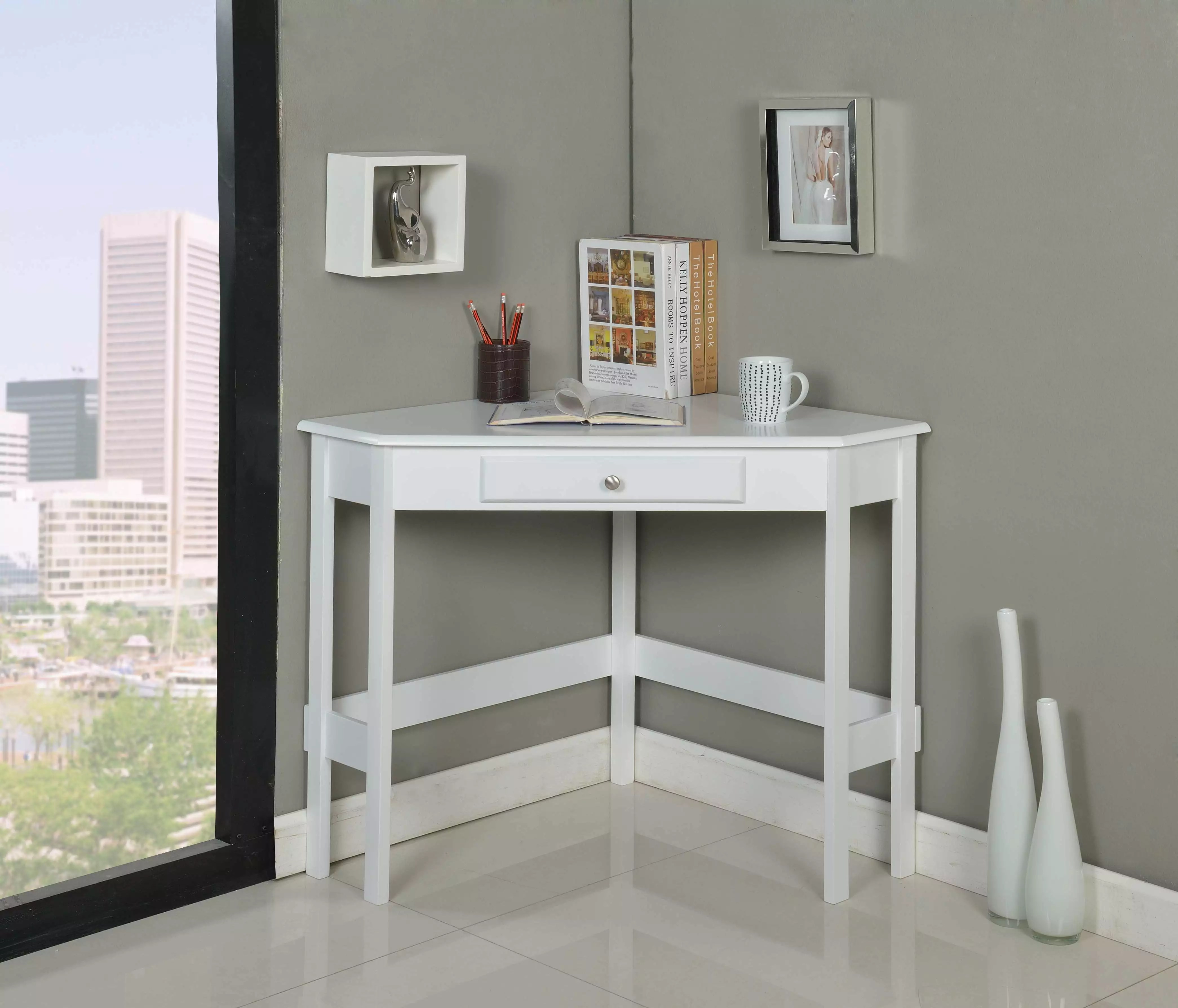 Kings Brand Furniture Elegant Wood Corner Desk Drawer White