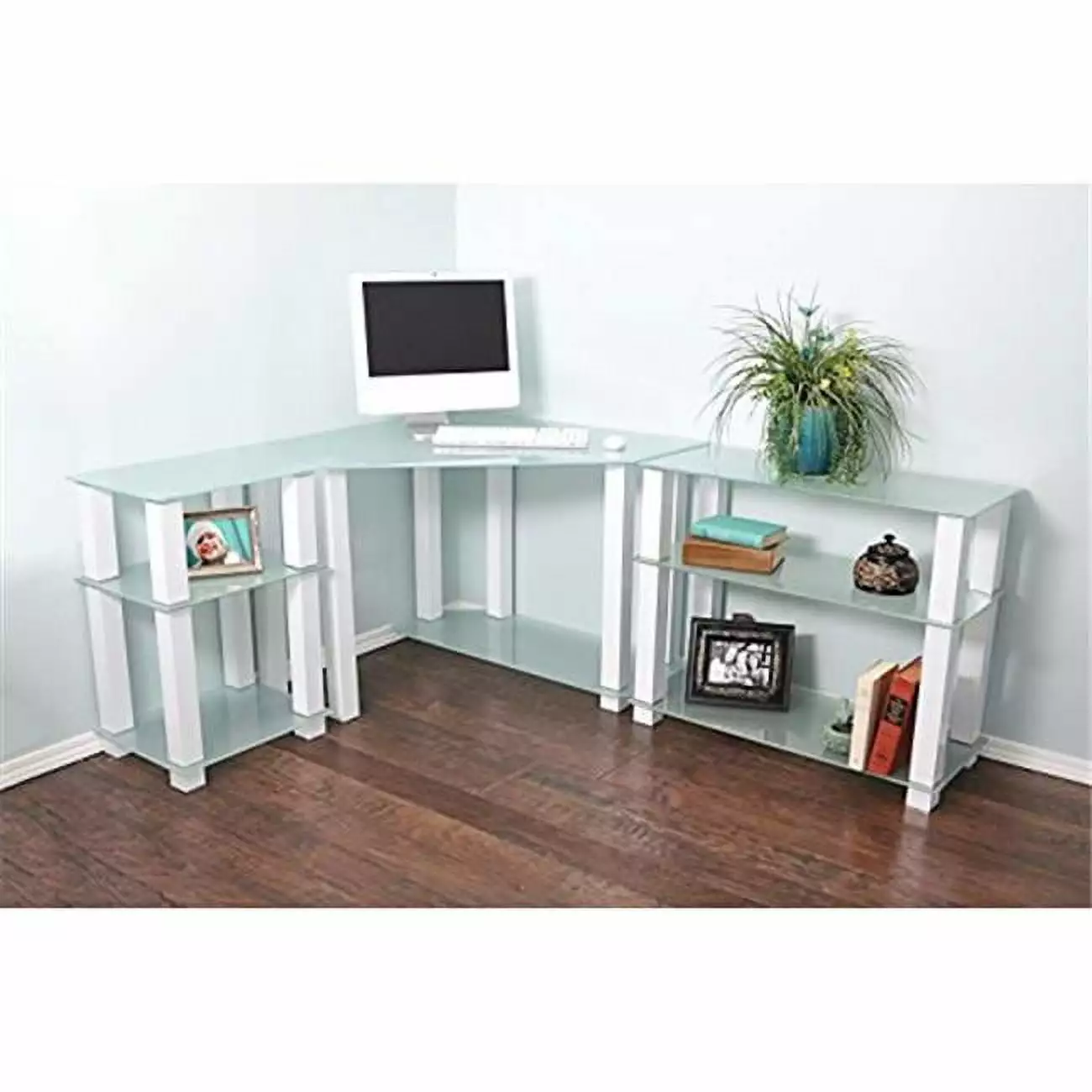 RTA Home & Office Frosted Tempered Glass Corner Computer Desk Left & Right Extension Tables Magic Plastics