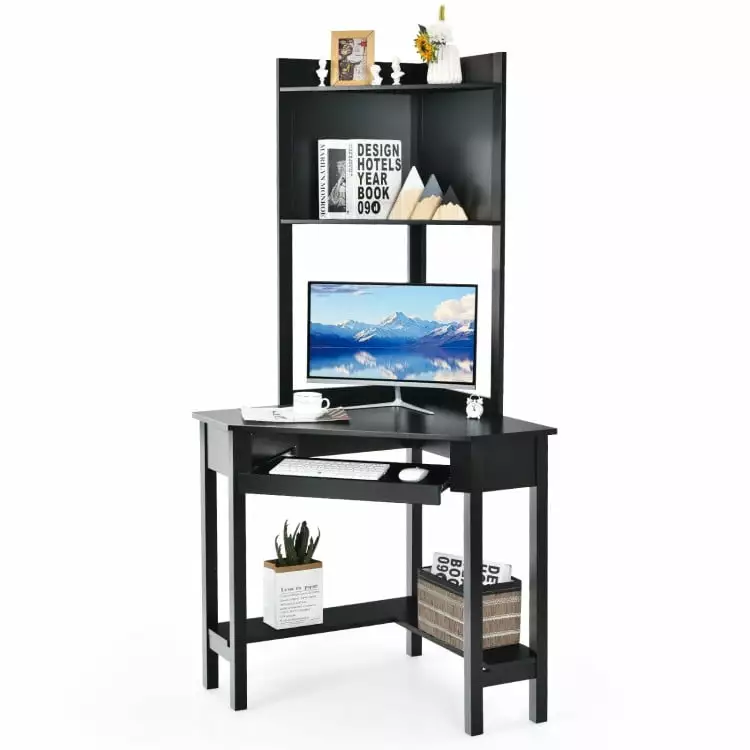 Resenkos Corner Computer Desk Hutch and Storage Shelves Black