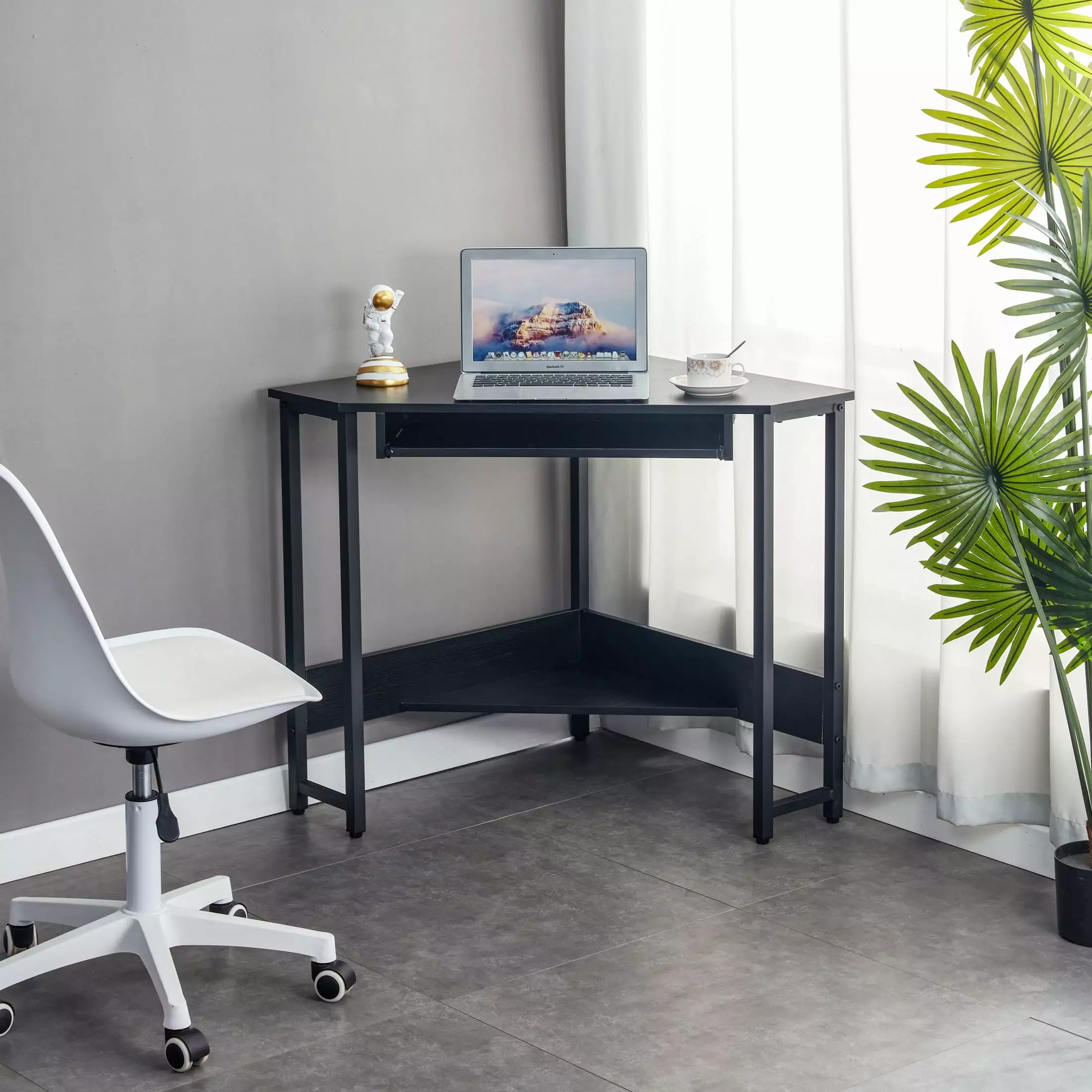 Triangle Computer Desk Keyboard Tray & Storage Shelves - Compact Corner Desk Small Spaces SMHZ